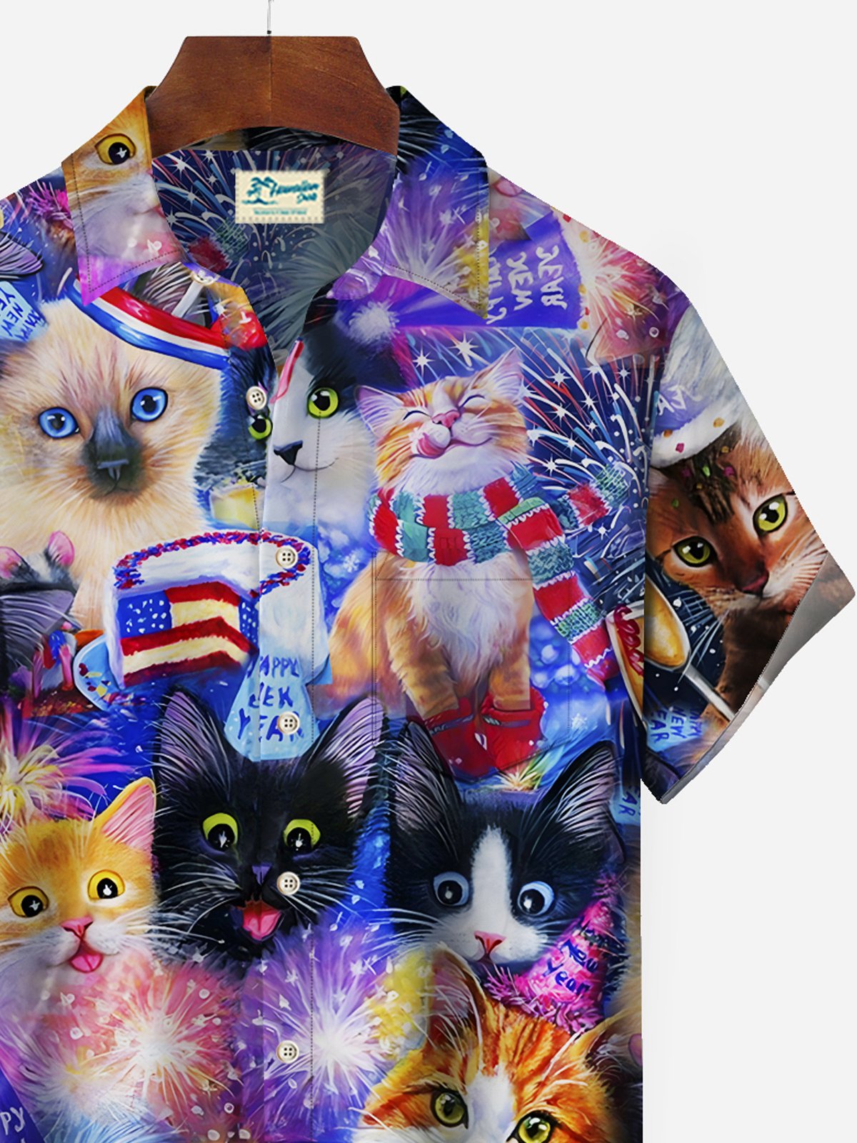 Royaura New Year Fireworks Men's Hawaiian Shirts Cute Cat Cartoon Stretch Easy Care Camp Pocket Shirts Big Tall