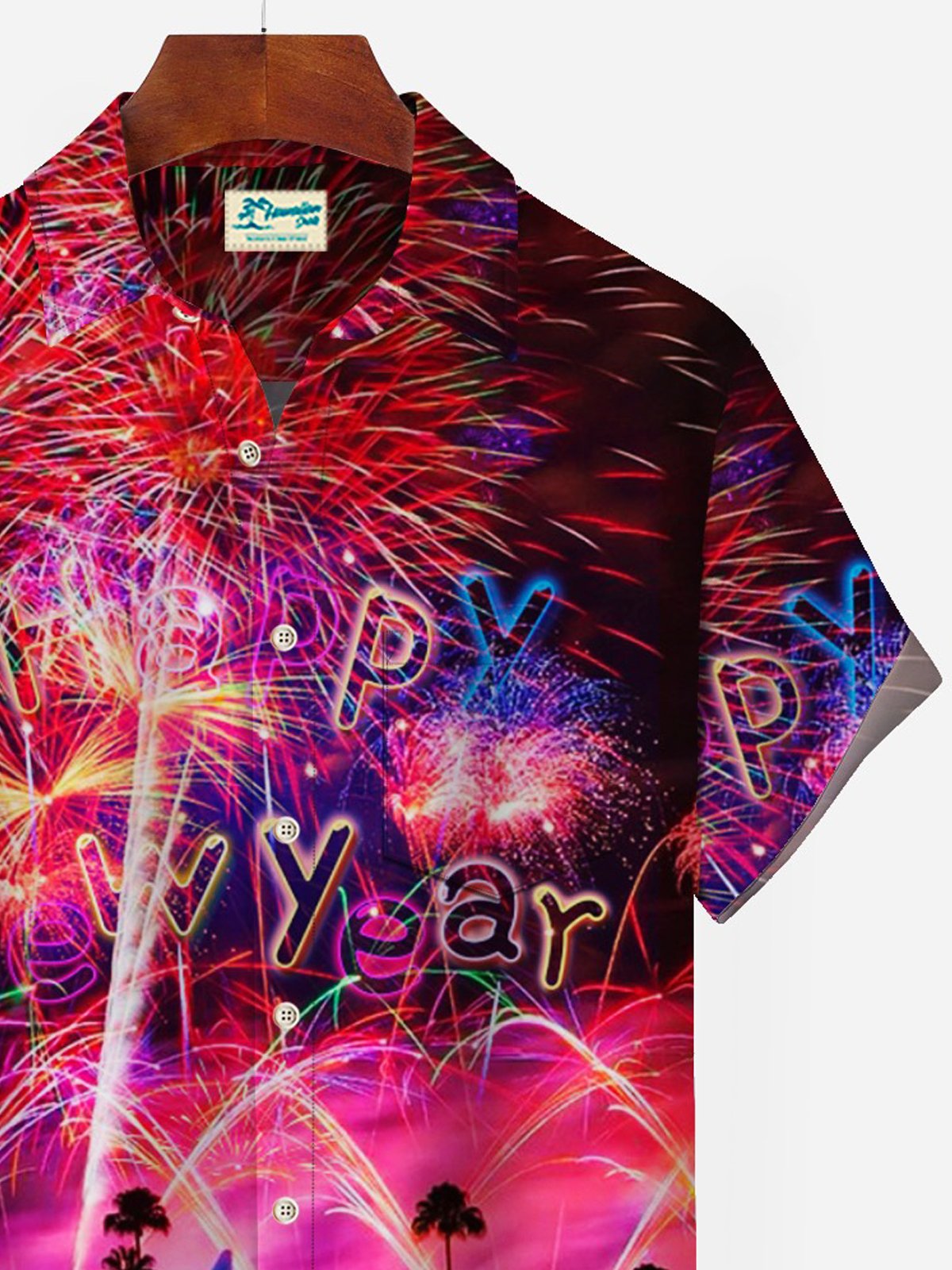Royaura Happy New Year Holidays Men's Hawaiian Shirts Stretch Fireworks Fun Pocket Christmas Shirts Big Tall
