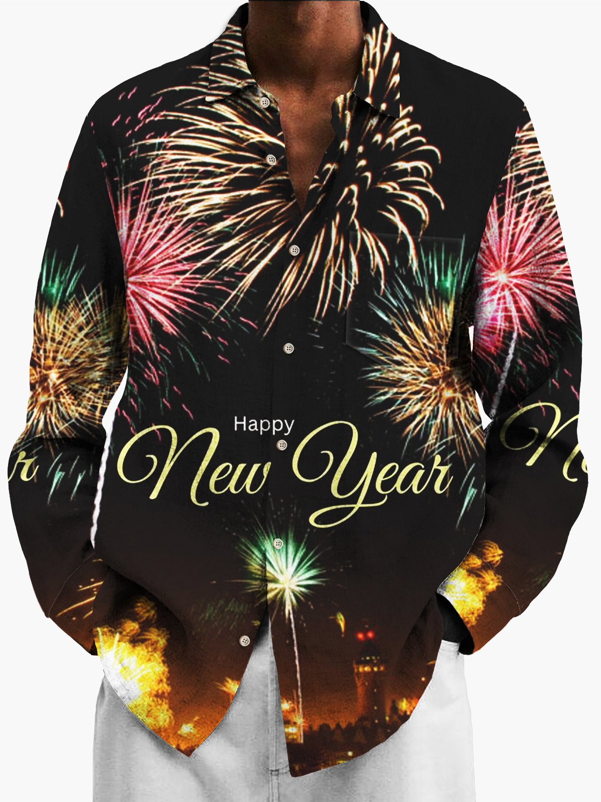 Royaura Happy New Year Holiday Men's Stretch Oversized Long Sleeve Shirt