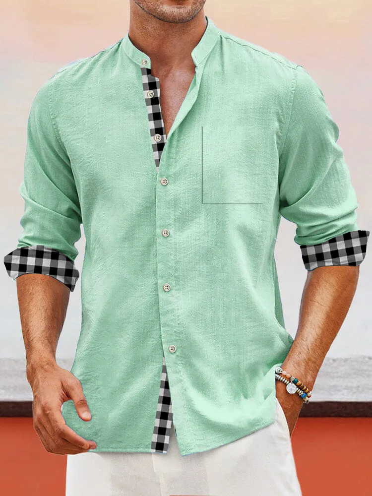 Royaura Basic Stand Collar Men's Long Sleeve Shirt Easy Care Check Camp Pocket Shirts Big Tall