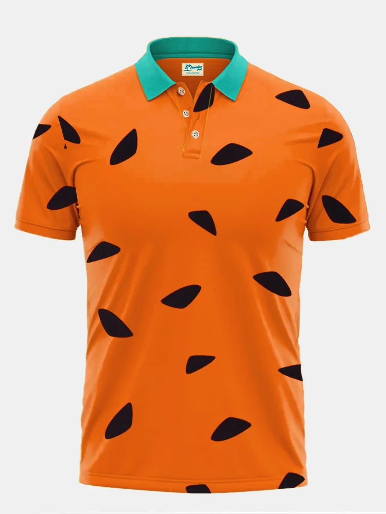 Royaura 50's Vintage Cartoon Orange Men's Polo Shirts Warm Comfortable Elastic Pullover Casual Tops