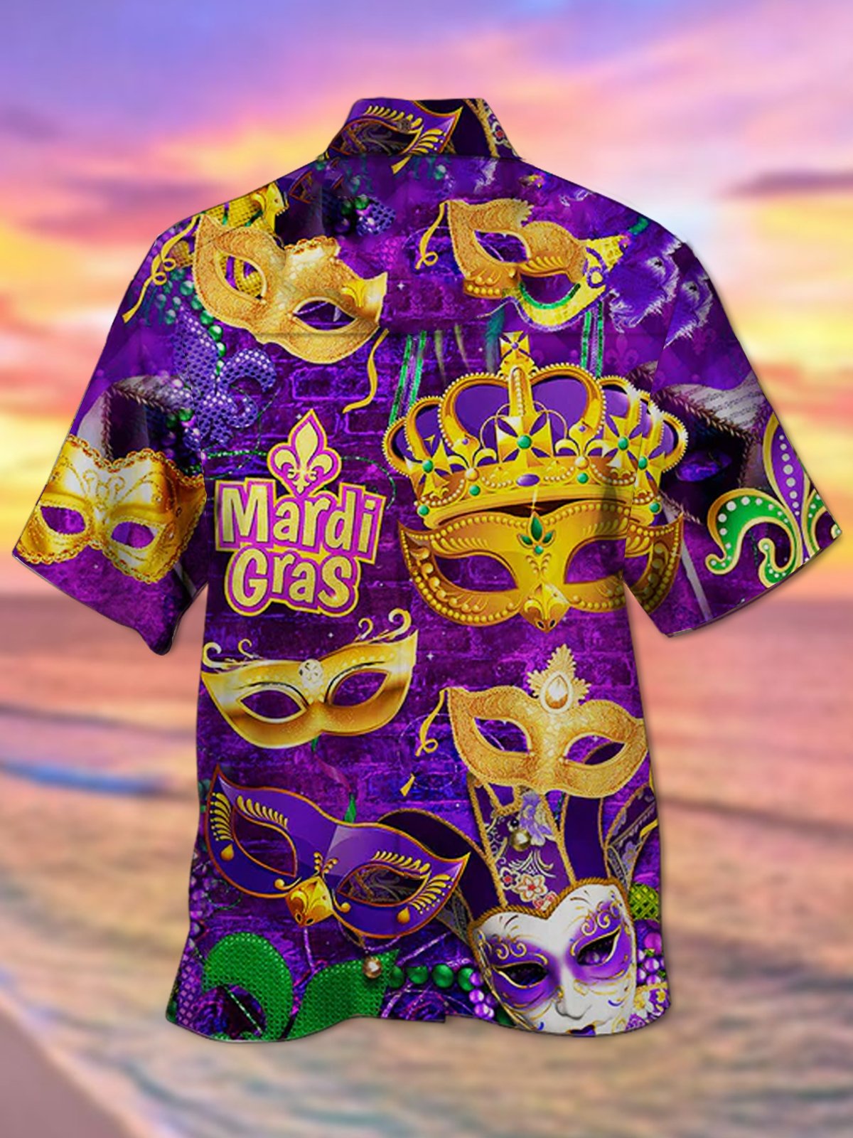 Royaura Mardi Gras Mask Bead Print Aloha Hawaii Men's Button Pocket Shirt