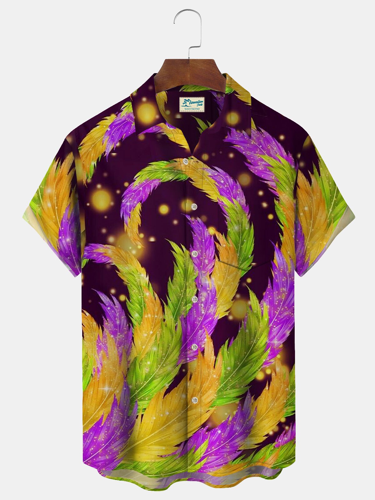 Royaura Mardi Gras Holiday Purple Men's Hawaiian Shirts Feather Art Stretch Pocket Camping Shirt Big Tall
