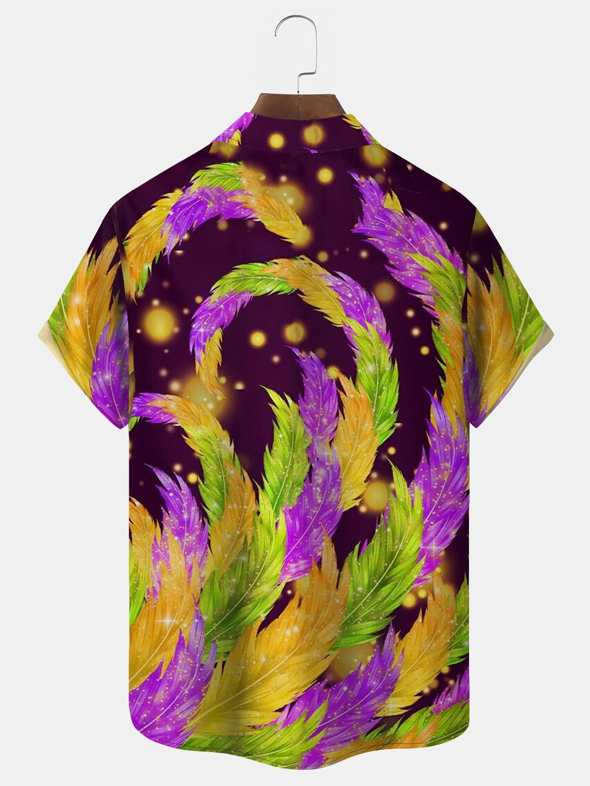 Royaura Mardi Gras Holiday Purple Men's Hawaiian Shirts Feather Art Stretch Pocket Camping Shirt Big Tall
