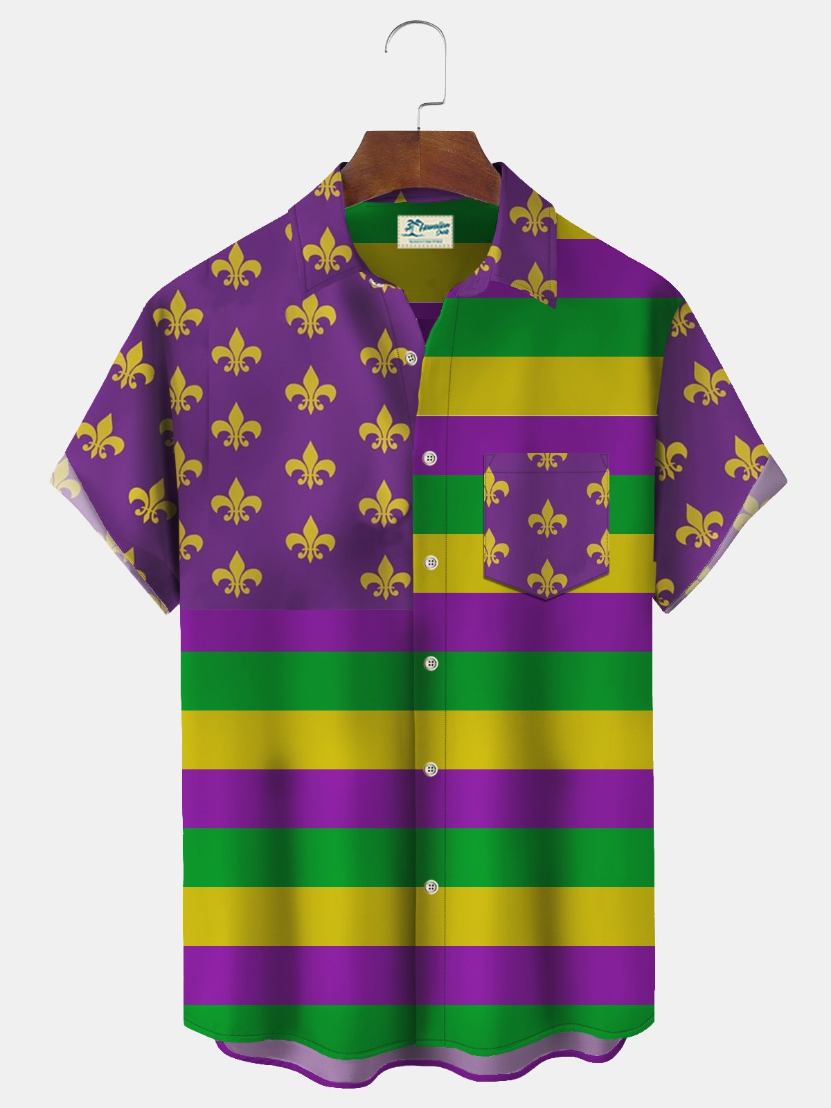 Royaura Mardi Gras Holiday Purple Men's Shirt Striped Flag Art Stretch Button Pocket Camp Shirts Big Tall