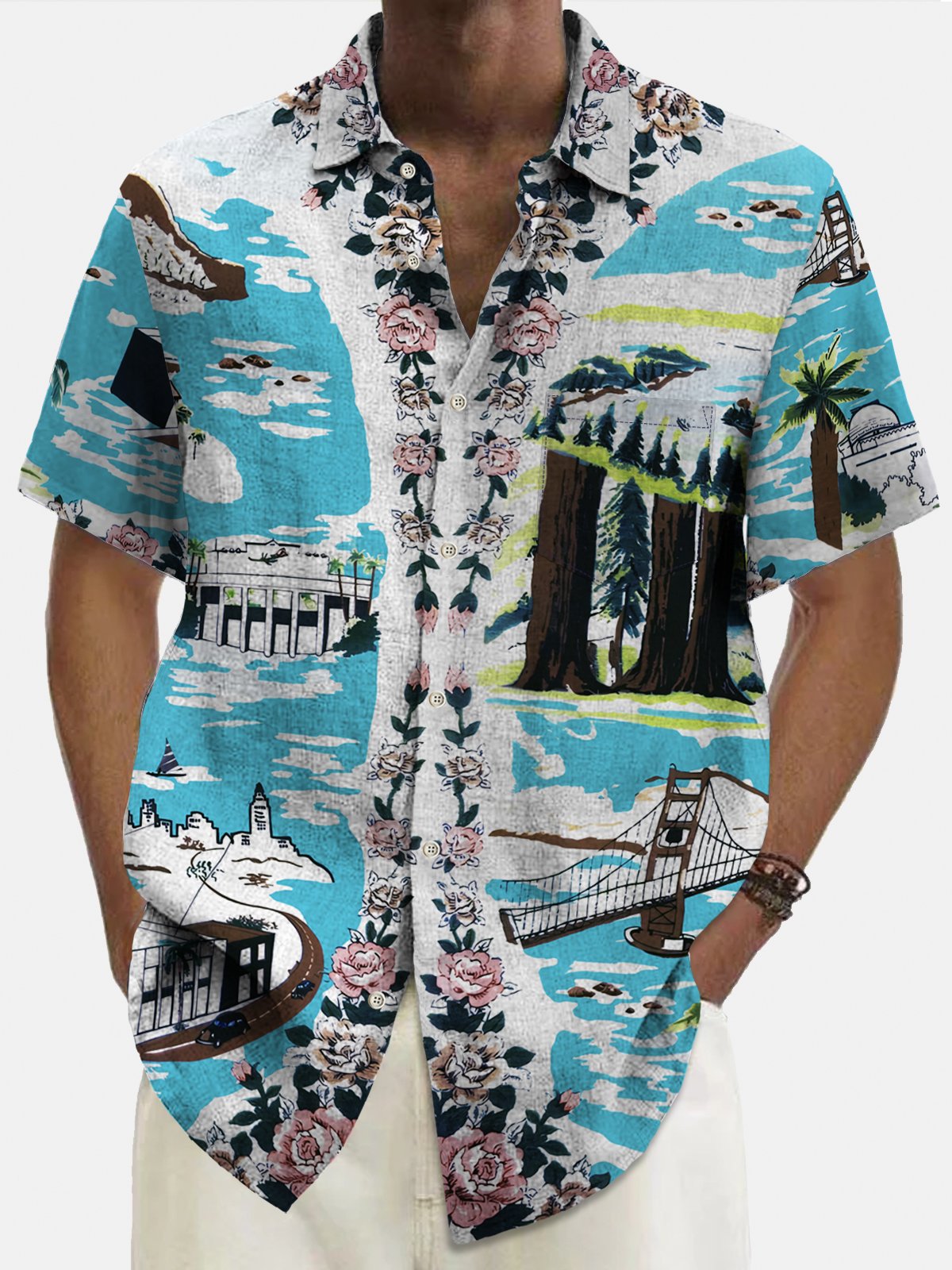 Royaura Hawaiian Floral Resort Print Men's Button-Pocket Shirt