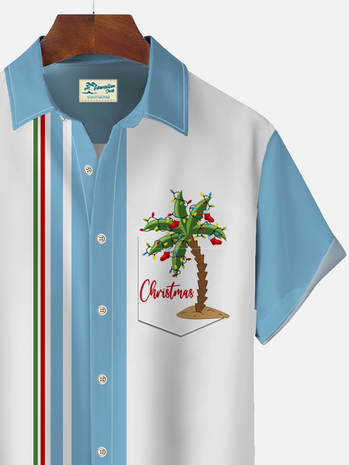 Royaura Christmas Holiday Blue Men's Retro Bowling Shirt Christmas Tree Cartoon Pocket Camp Shirt Big Tall
