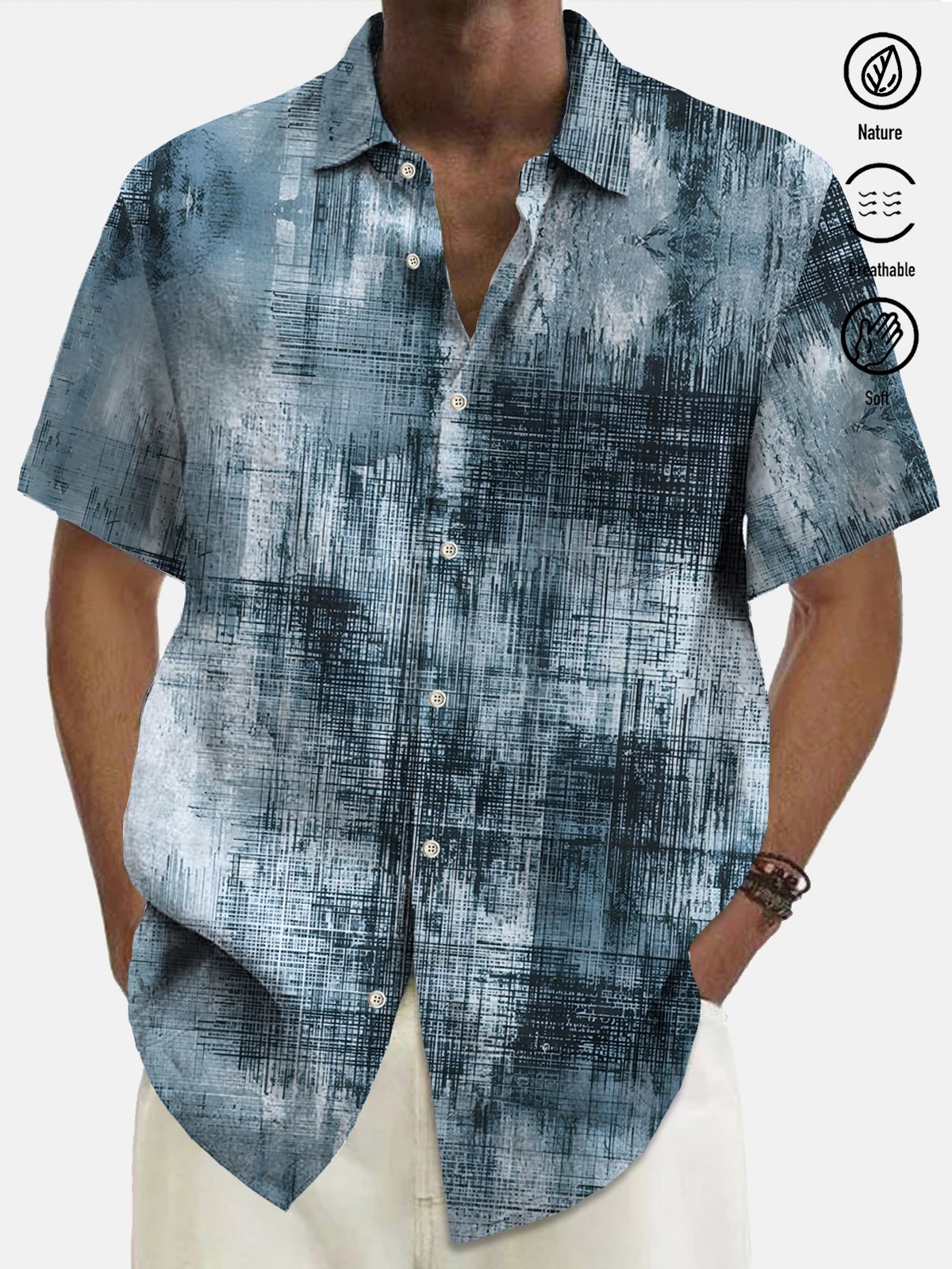 Royaura Beach Vacation Light Blue Men's Hawaiian Shirts Vintage Textured Stretch Easy Care Pocket Camp Shirts Big Tall