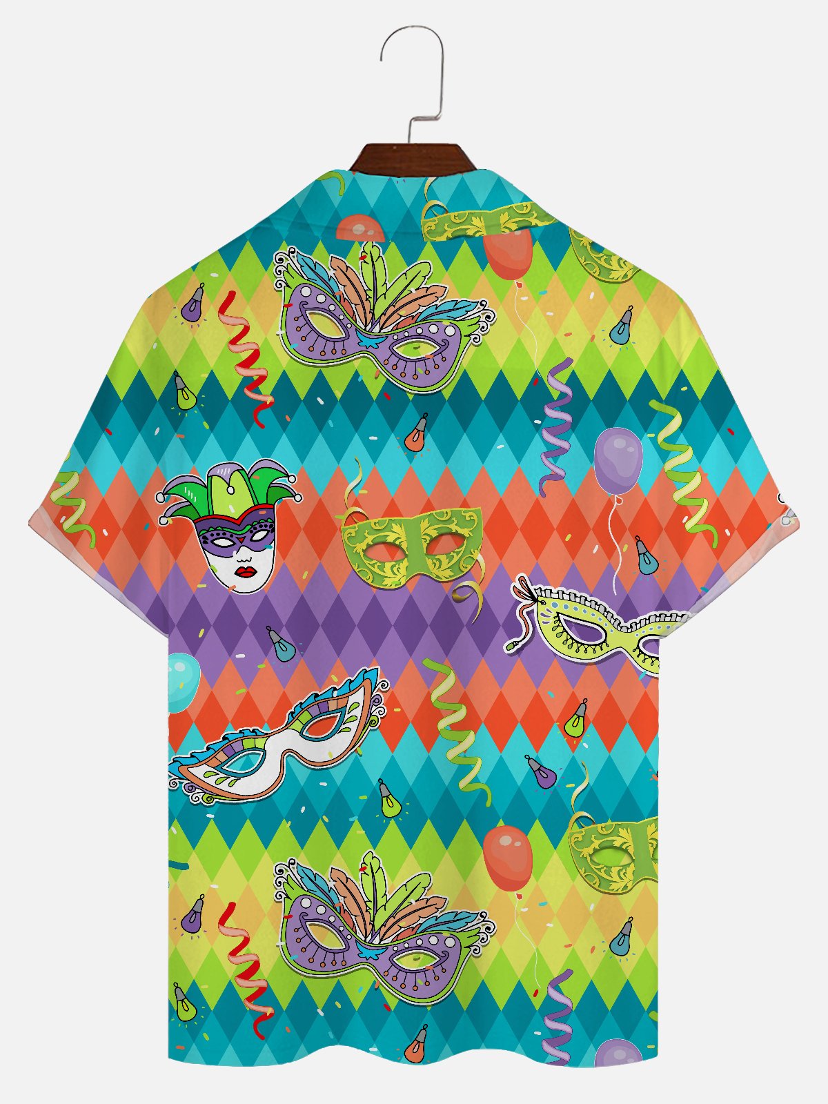 Royaura Mardi Gras Holiday Green Men's Hawaiian Shirts Mask Fun Art Stretch Pocket Camp Shirts Big Tall