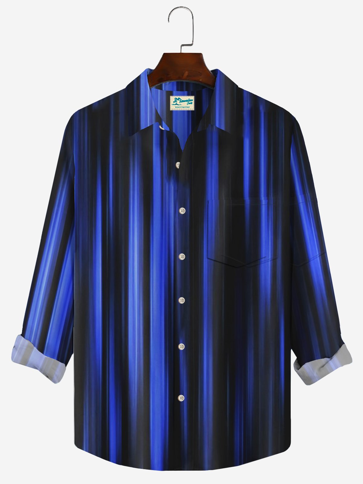 Royaura Retro Gradient Stripe Print Men's Button Pocket Long Sleeve Shirt