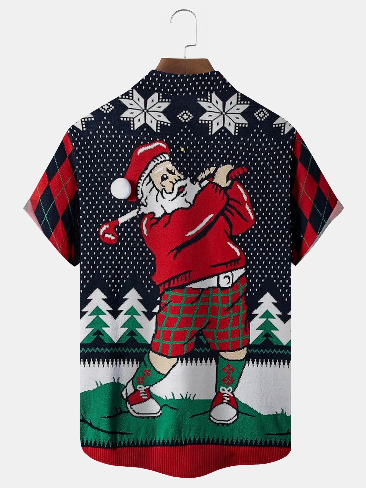 Royaura Christmas Holiday Blue Men's Fun Cartoon Santa Golf Art Check Camp Pocket Shirts Big Tall