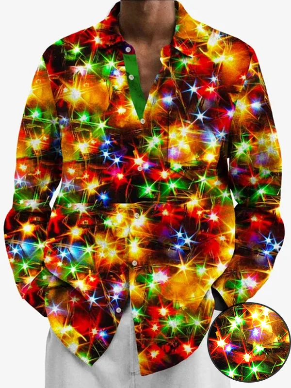Royaura Christmas Gold Neon Men's Long Sleeve Shirts Stretch Plus Size Drama Costume Button Shirts