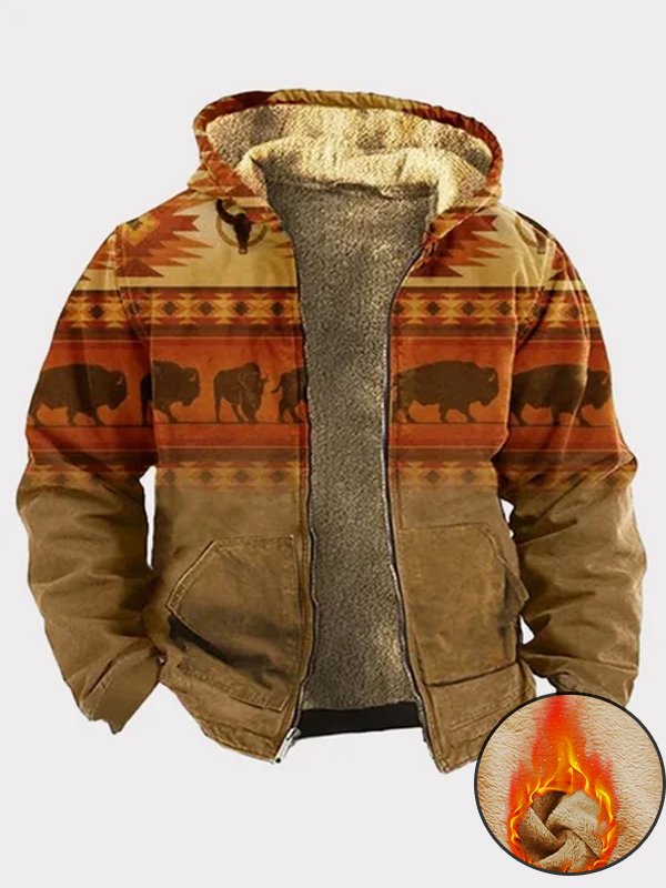 Royaura Vintage Aztec Khaki Men's Drawstring Hoodies Stretch Warm Fleece Ethnic Geometric Art Pullover Sweatshirts