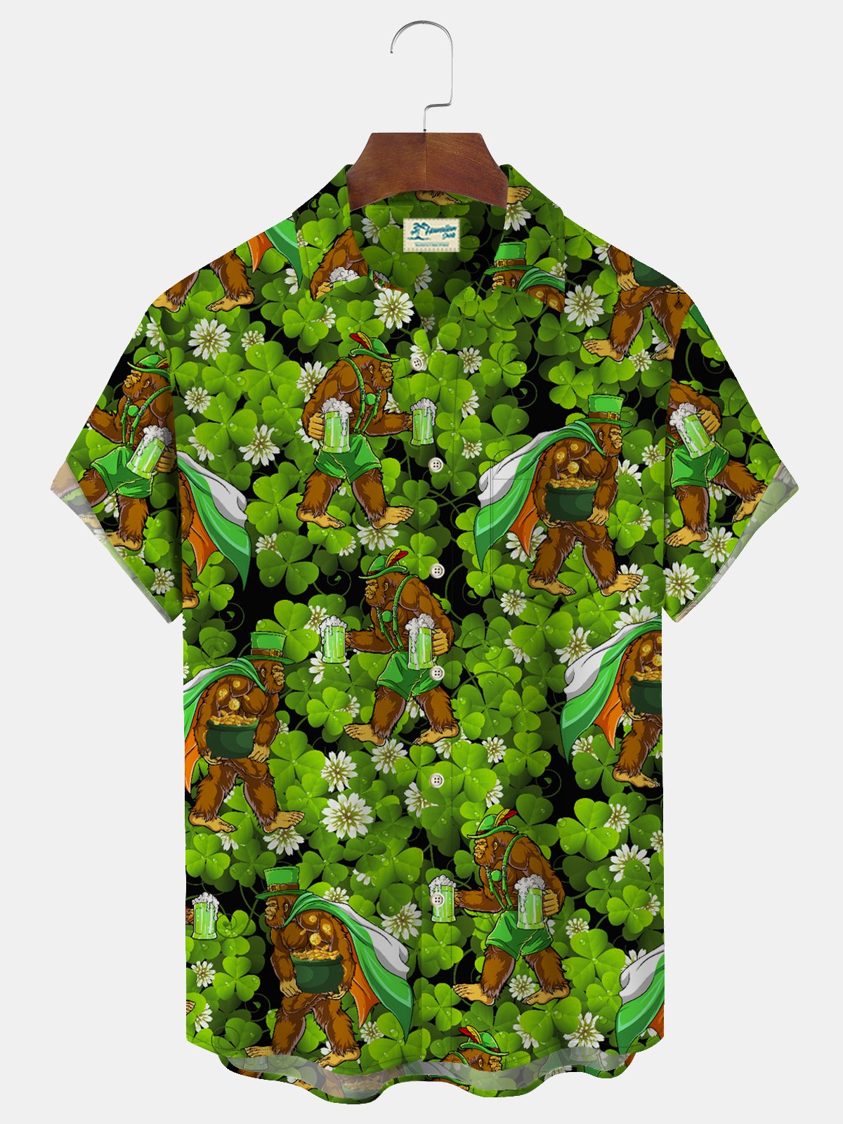 Royaura St. Patrick's Green Men's Hawaiian Shirts Big Foot Easy Care Aloha Camp Pocket Shirts Plus Size