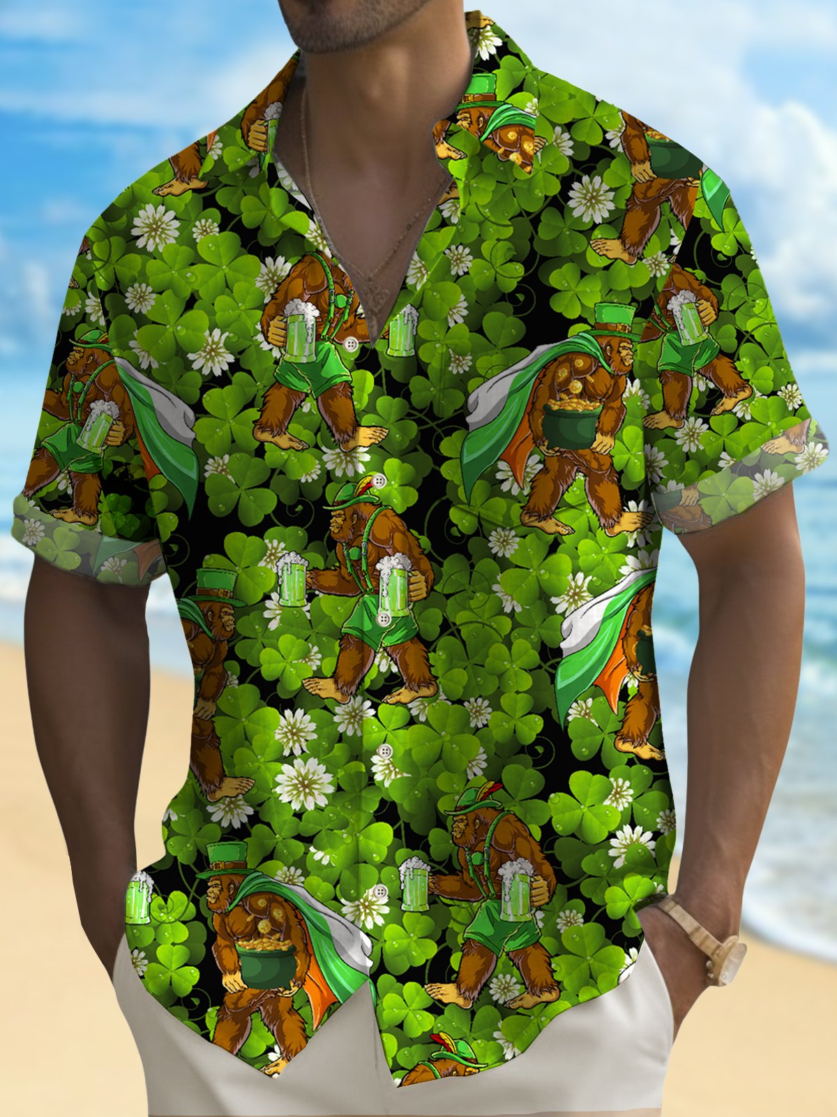 Royaura St. Patrick's Green Men's Hawaiian Shirts Big Foot Easy Care Aloha Camp Pocket Shirts Plus Size