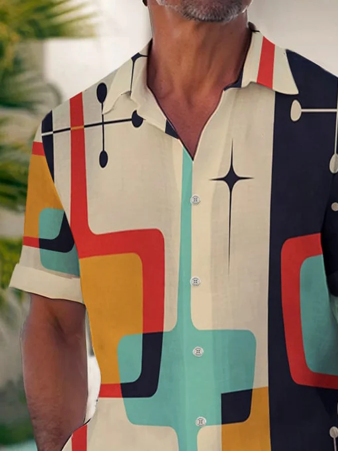 Royaura Retro Mid-Century Geometric Khaki Men's Shirts Stretch Aloha Camp Pocket Shirts Big Tall