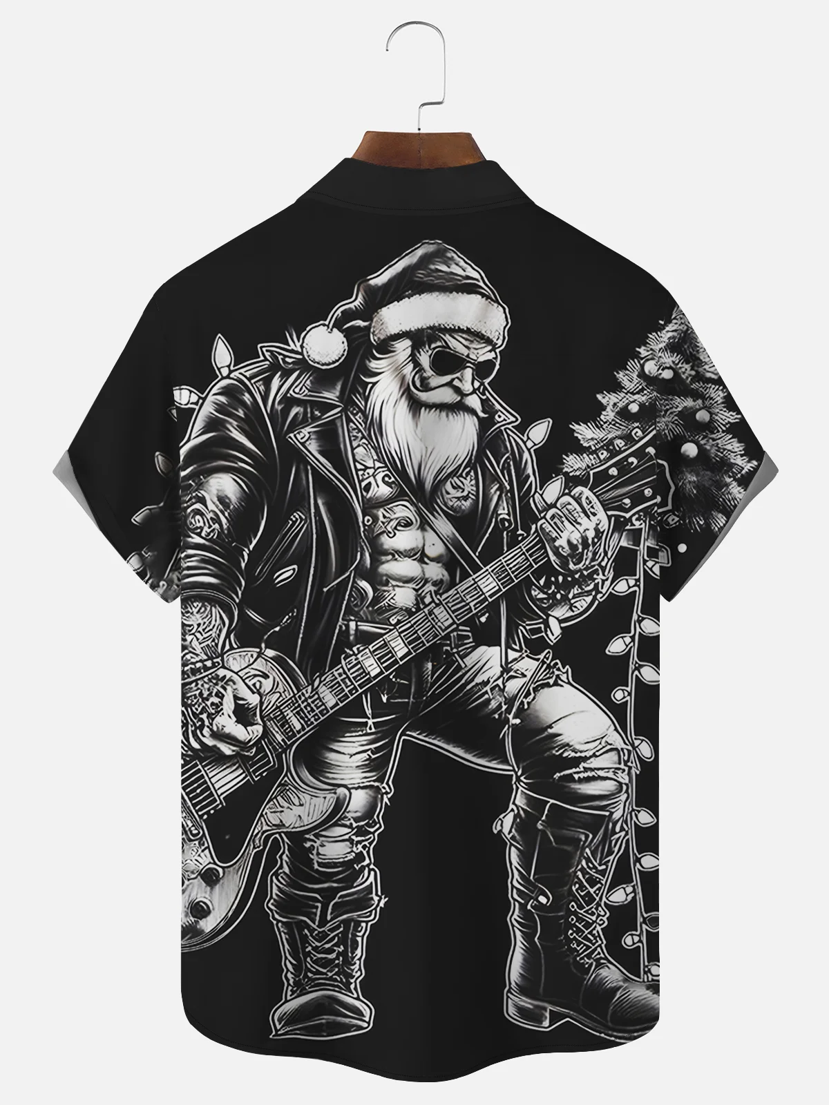 Royaura Christmas Holiday Black Men's Shirts Santa Claus Cartoon Rock Music Stretch Easy Care Camp Pocket Shirts