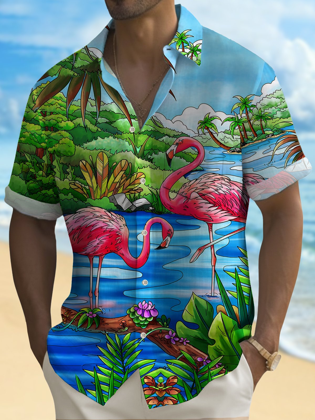 Royaura Hawaiian Flamingo Botanical Print Men's Button Pocket Shirt