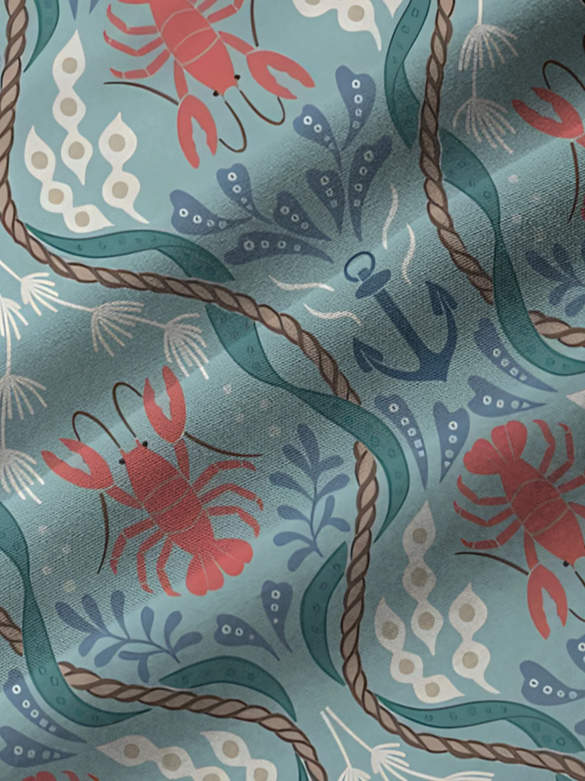 Royaura® Cotton Linen Holiday Beach Blue Men's Hawaiian Shirts Ocean Lobster Art Breathable Comfort Pocket Camp Shirts Big Tall