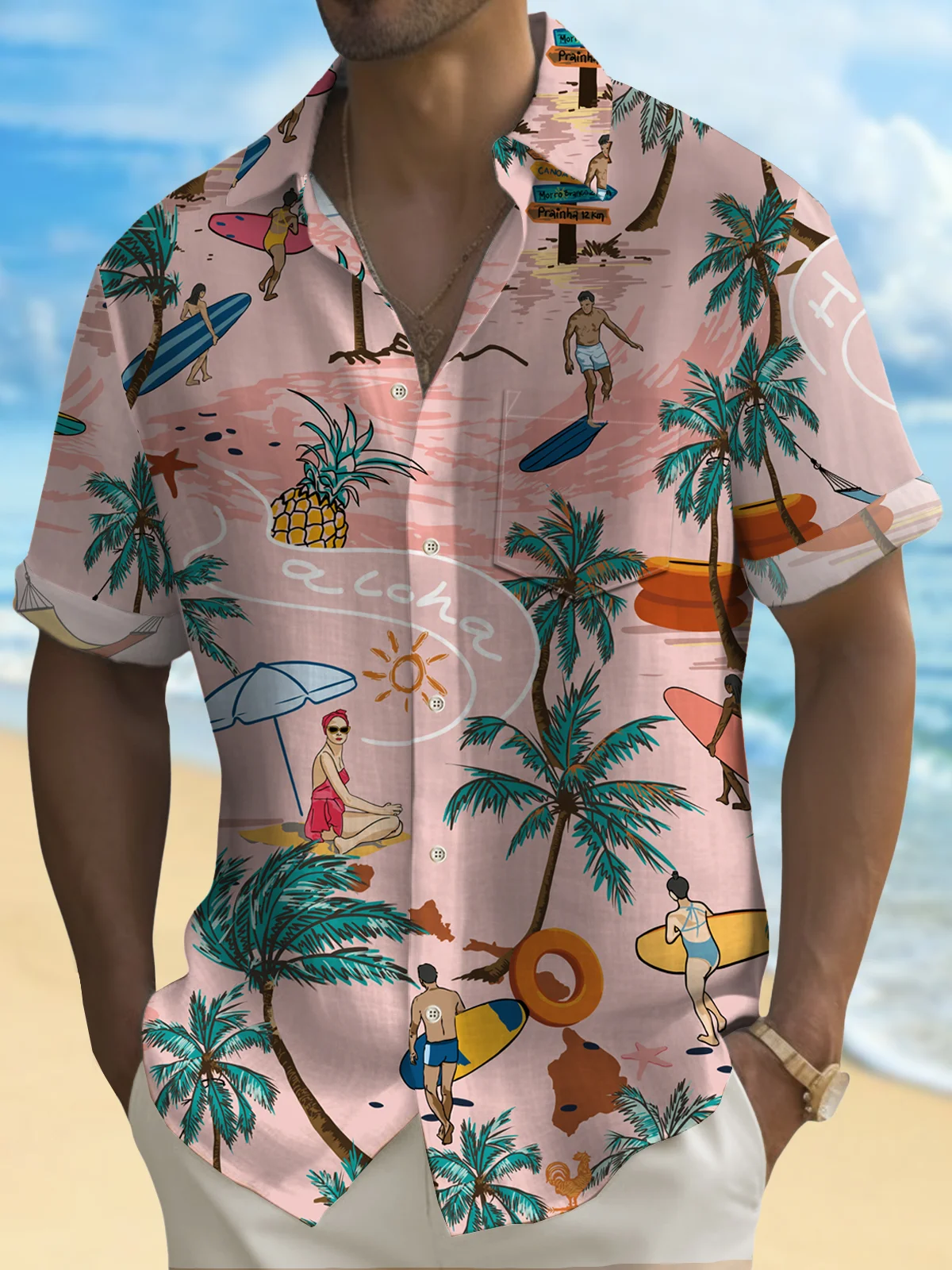 Royaura Hawaiian Surf Botanical Print Men's Button Pocket Shirt