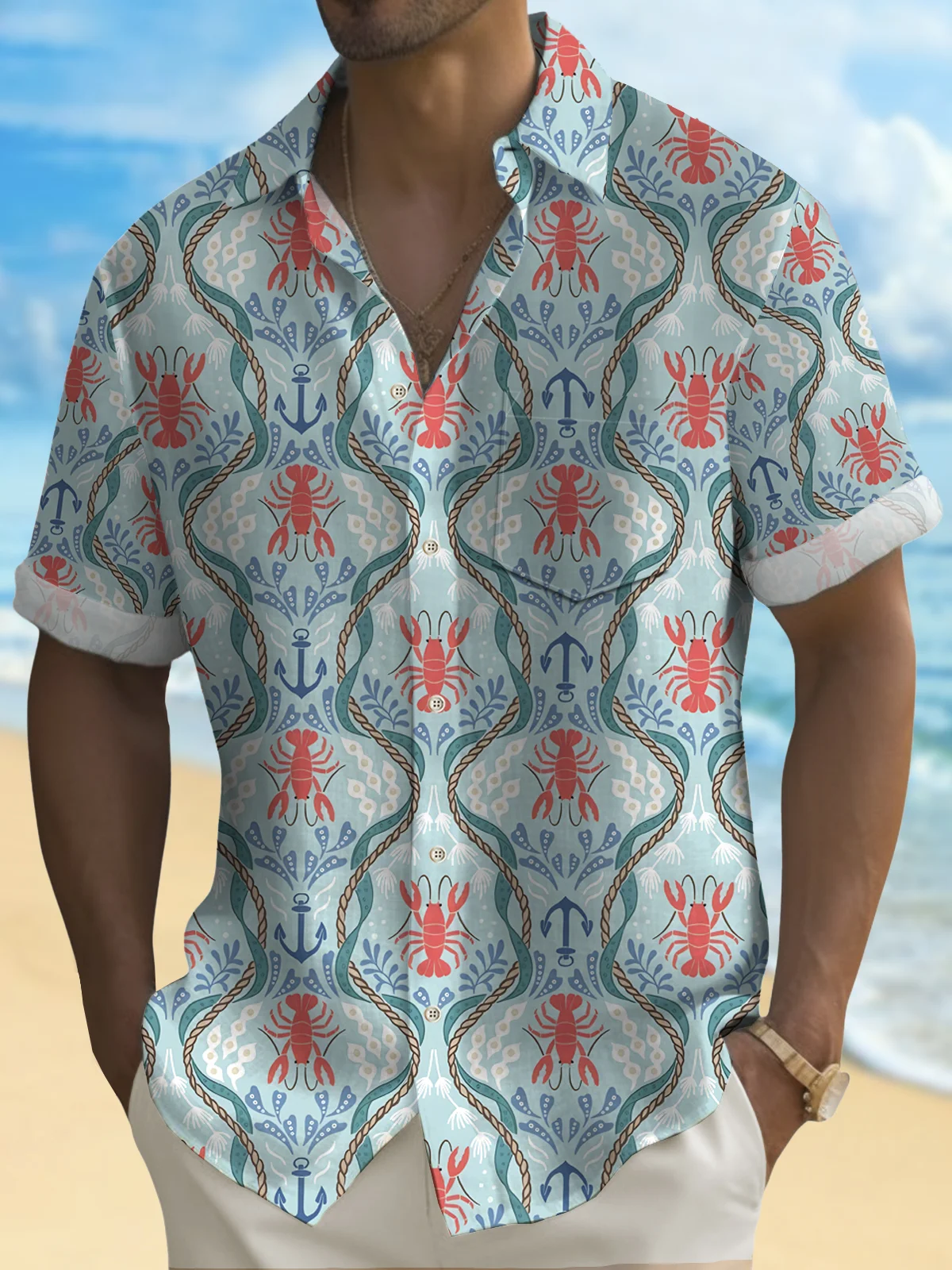 Royaura Holiday Beach Blue Men's Hawaiian Shirts Ocean Lobster Art Breathable Comfort Pocket Camp Shirts Big Tall
