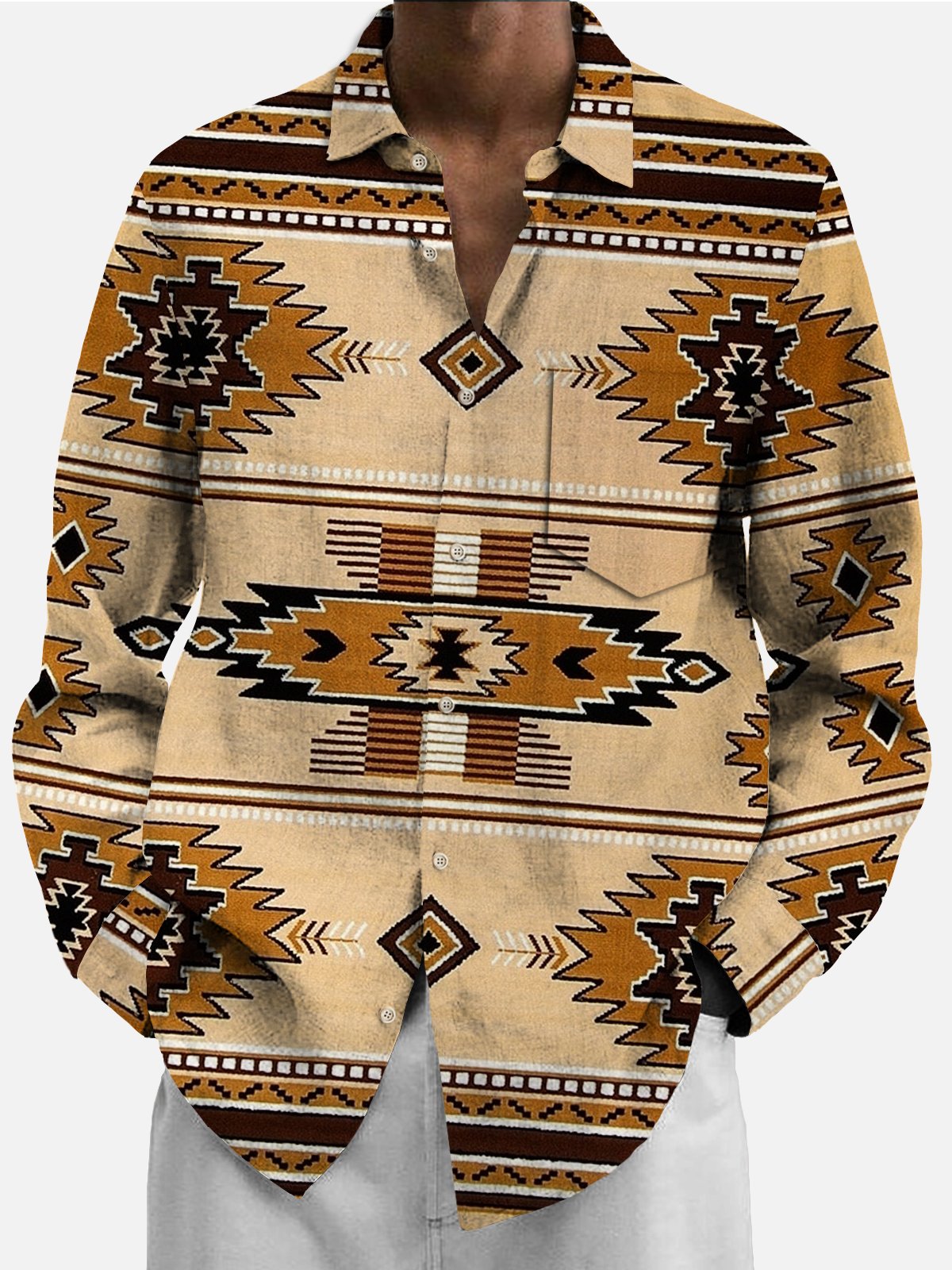 Royaura® Retro Western Ethnic Print Men's Button Pocket Long Sleeve Shirt