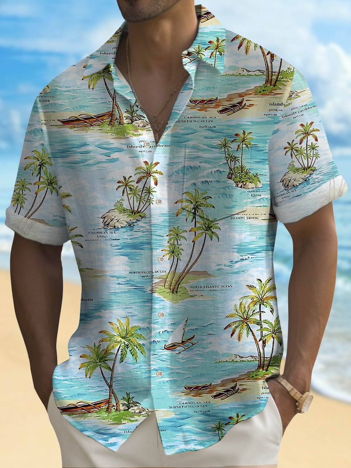 Royaura Hawaiian Floral Wave Print Men's Button Pocket Shirt