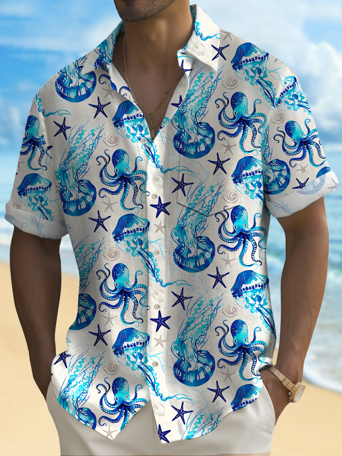 Royaura Hawaiian Sea Life Jellyfish Print Men's Button Pocket Shirt