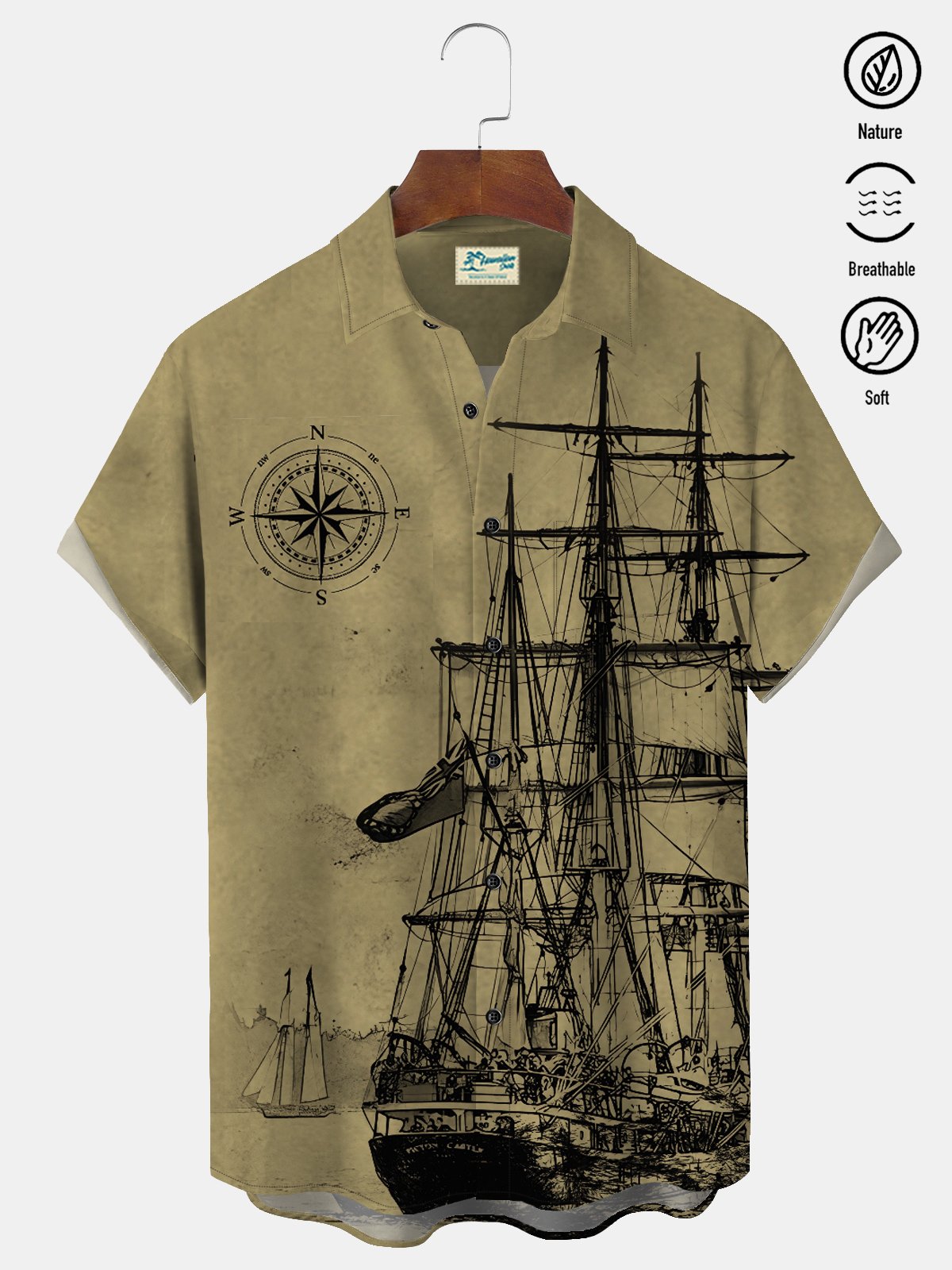 Royaura® Vintage Mid-Century Khaki Men's Camp Shirts Nautical Sailing Breathable Easy Care Shirts
