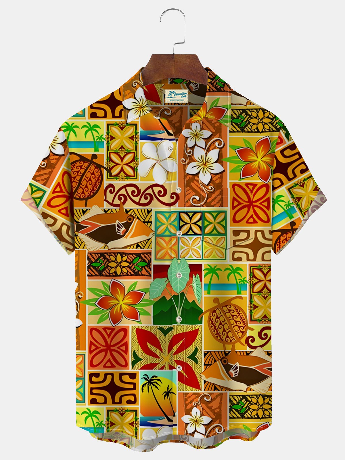 Royaura® Beach Holiday Orange Men's Hawaiian Shirt Turtle Coconut Tree Quick Dry Pocket Camp Shirt Big Tall