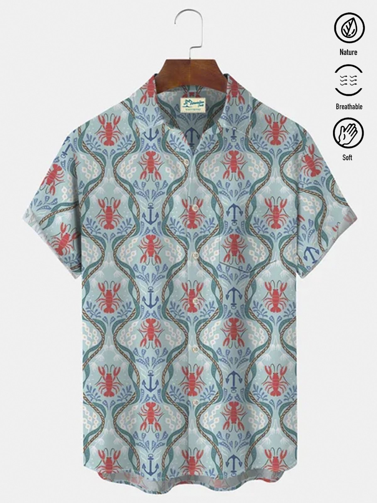 Royaura® Cotton Linen Holiday Beach Blue Men's Hawaiian Shirts Ocean Lobster Art Breathable Comfort Pocket Camp Shirts Big Tall