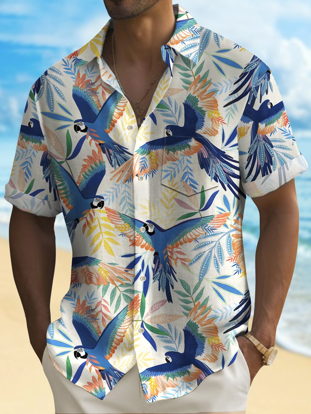 Royaura® Beach Holiday Parrot Men's Hawaiian Shirt Wrinkle Free Seersucker Pocket Camp Shirt Big Tall