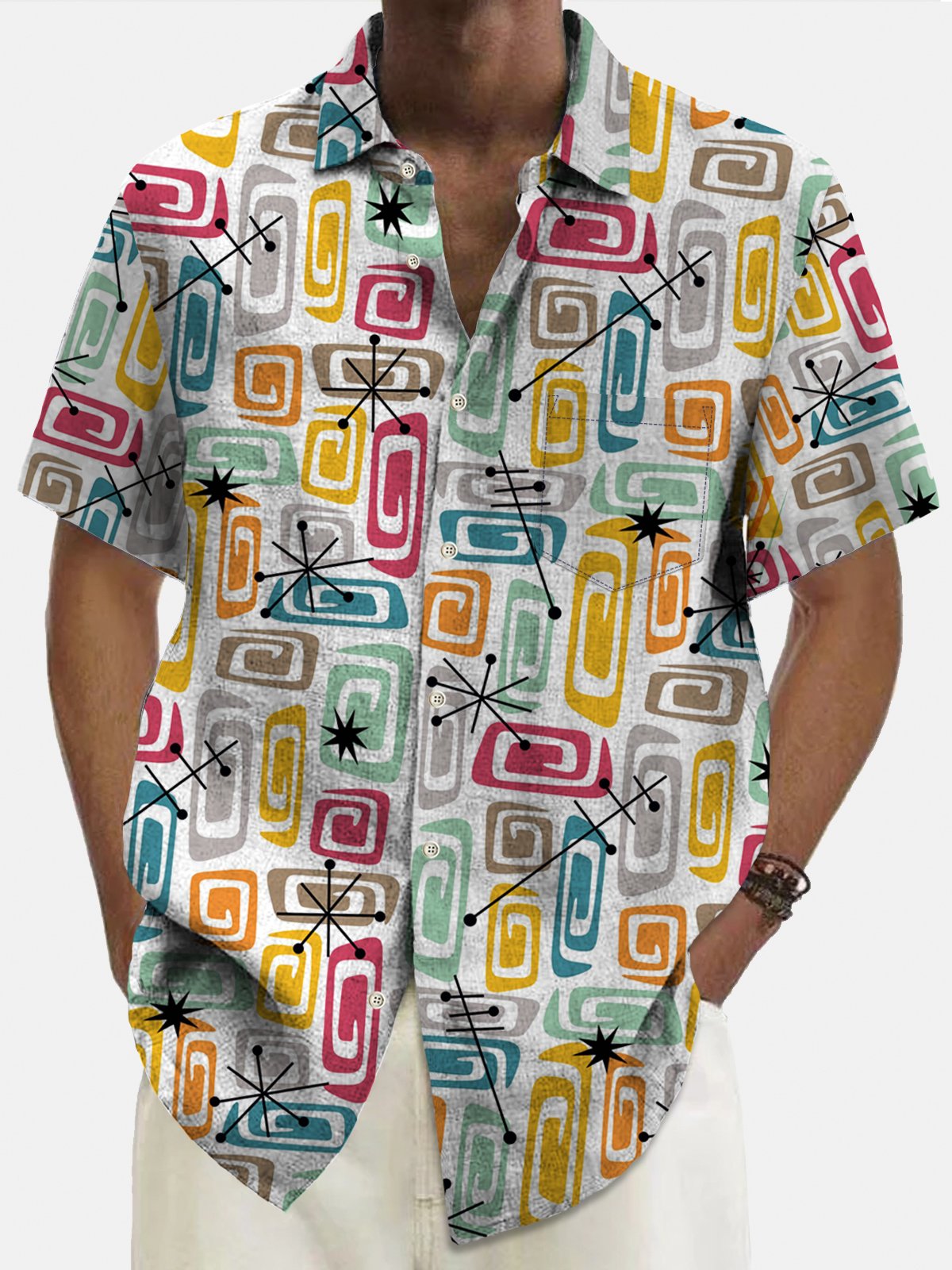 Royaura® Vintage Mid-Century Geometric Men's Hawaiian Shirts Easy Care Pocket Camp Shirts