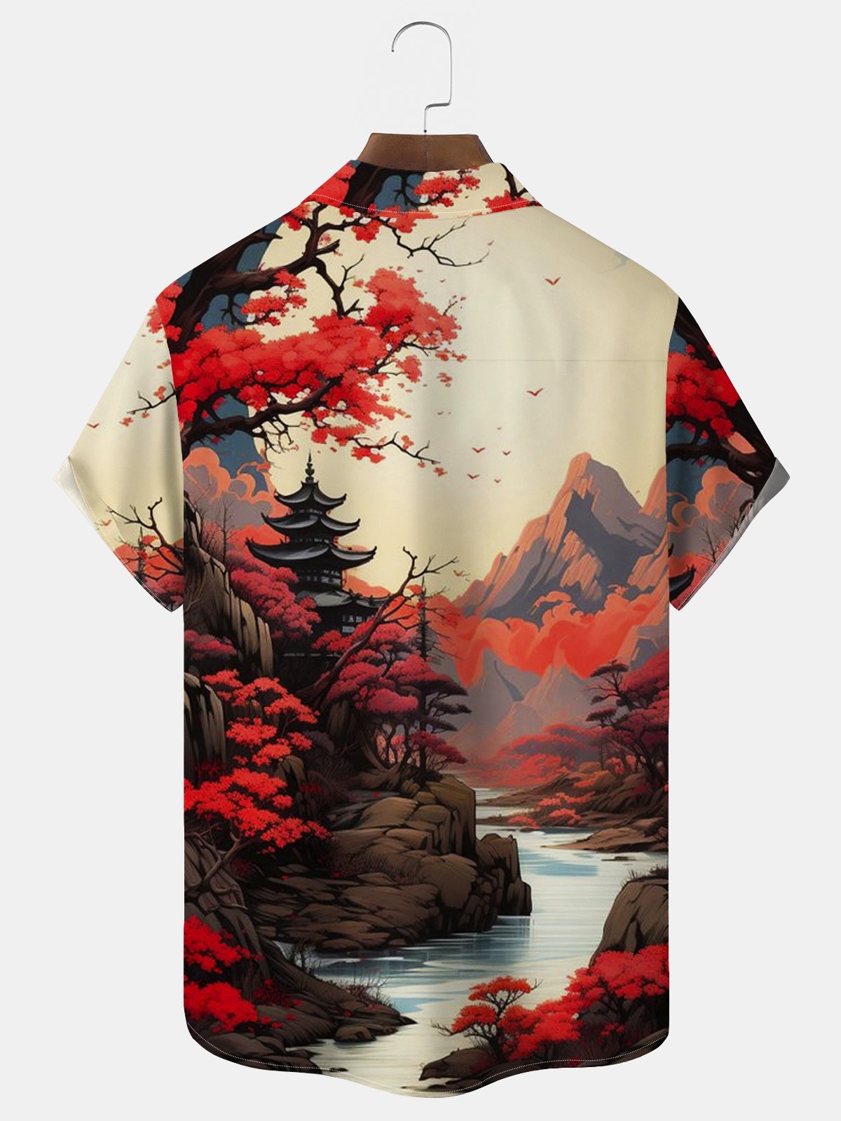 Royaura Retro Japanese Plum Blossom Print Men's Button Pocket Short Sleeve Shirt