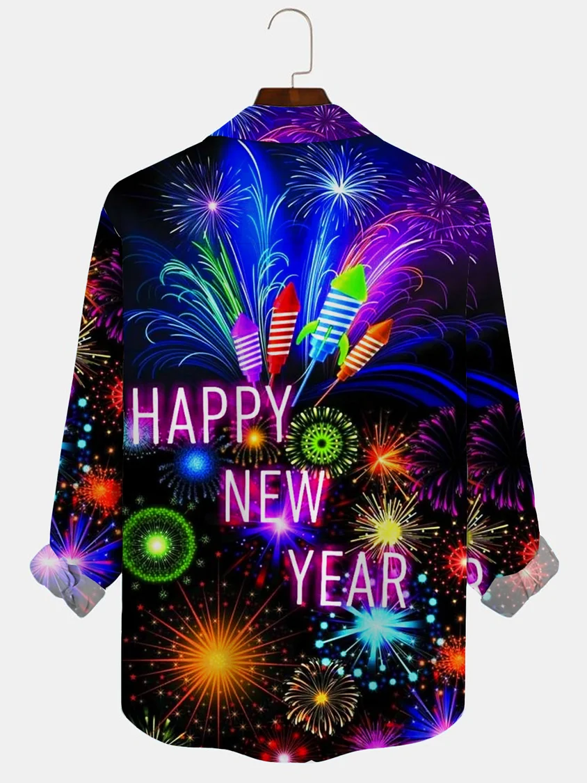 Royaura Fireworks New Year Print Men's Button Up Long Sleeve Shirt