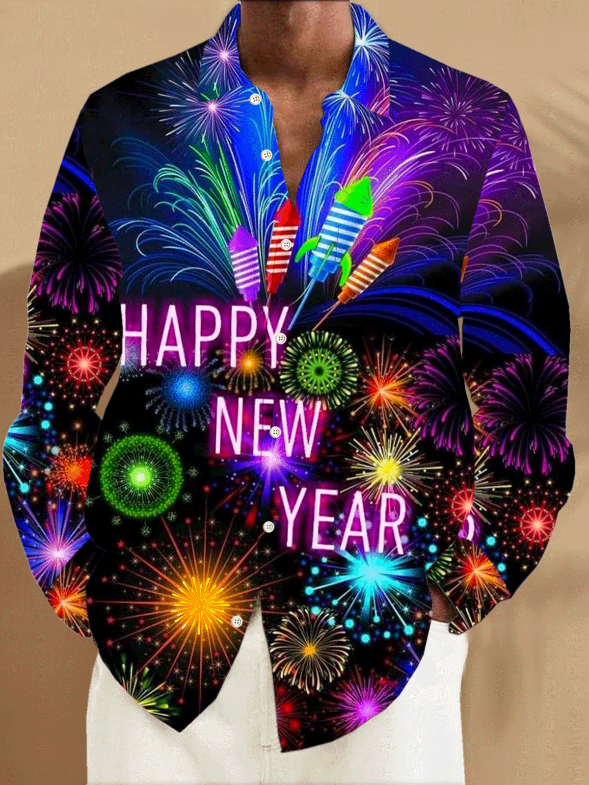 Royaura Fireworks New Year Print Men's Button Up Long Sleeve Shirt