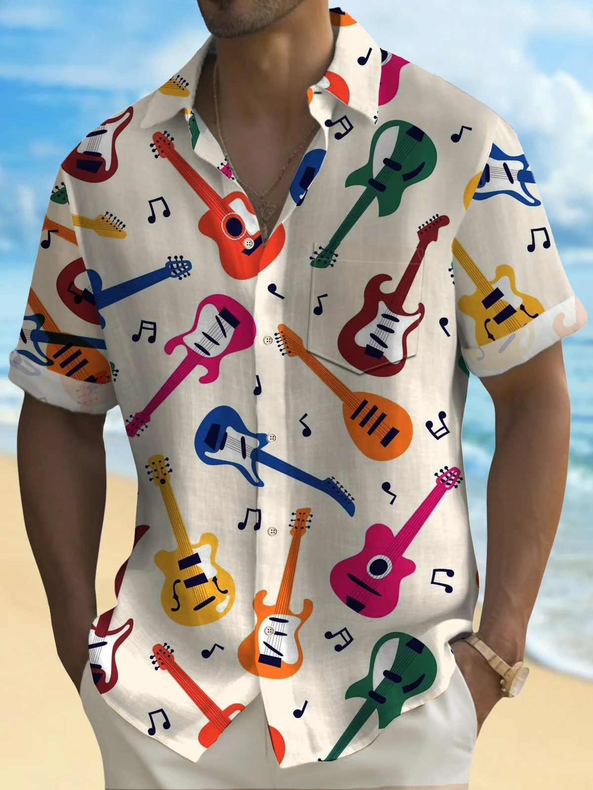 Royaura® 50's Vintage Electric Guitar Art Men's Shirt Quick-Drying Easy Care Pocket Camp Shirt Big Tall