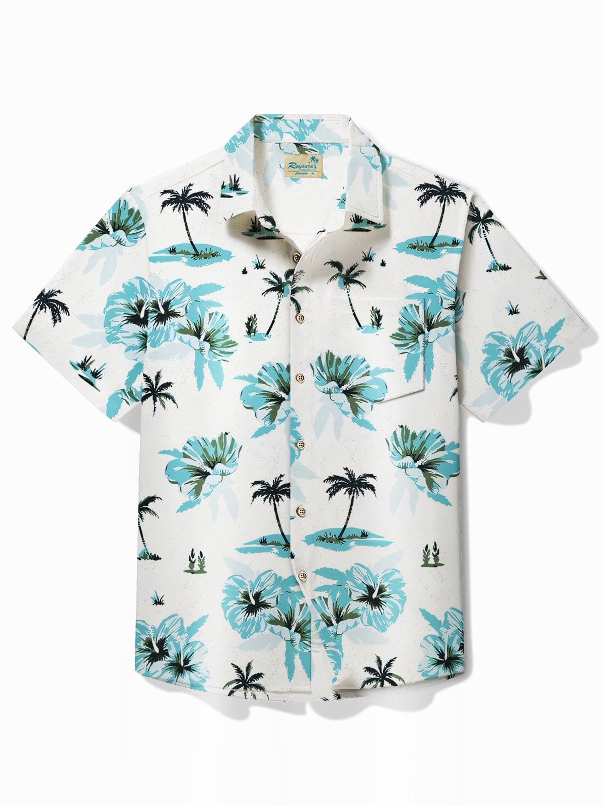 Royaura Hawaiian Coconut Tree Floral Print Men's Button Pocket Short Sleeve Shirt
