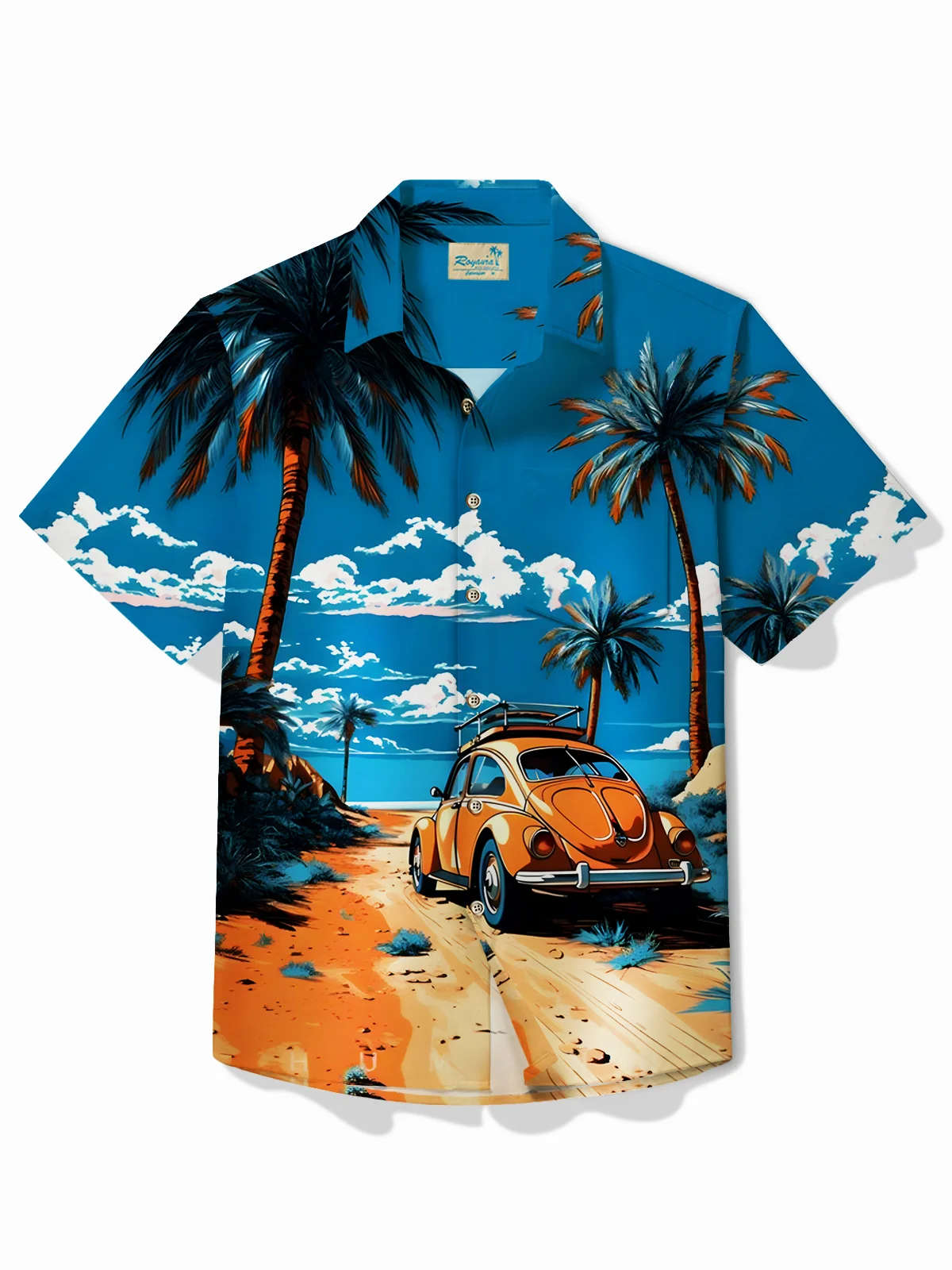 Royaura®Hawaii Coconut Tree Botanical Car Print Men's Button Pocket Short Sleeve Shirt
