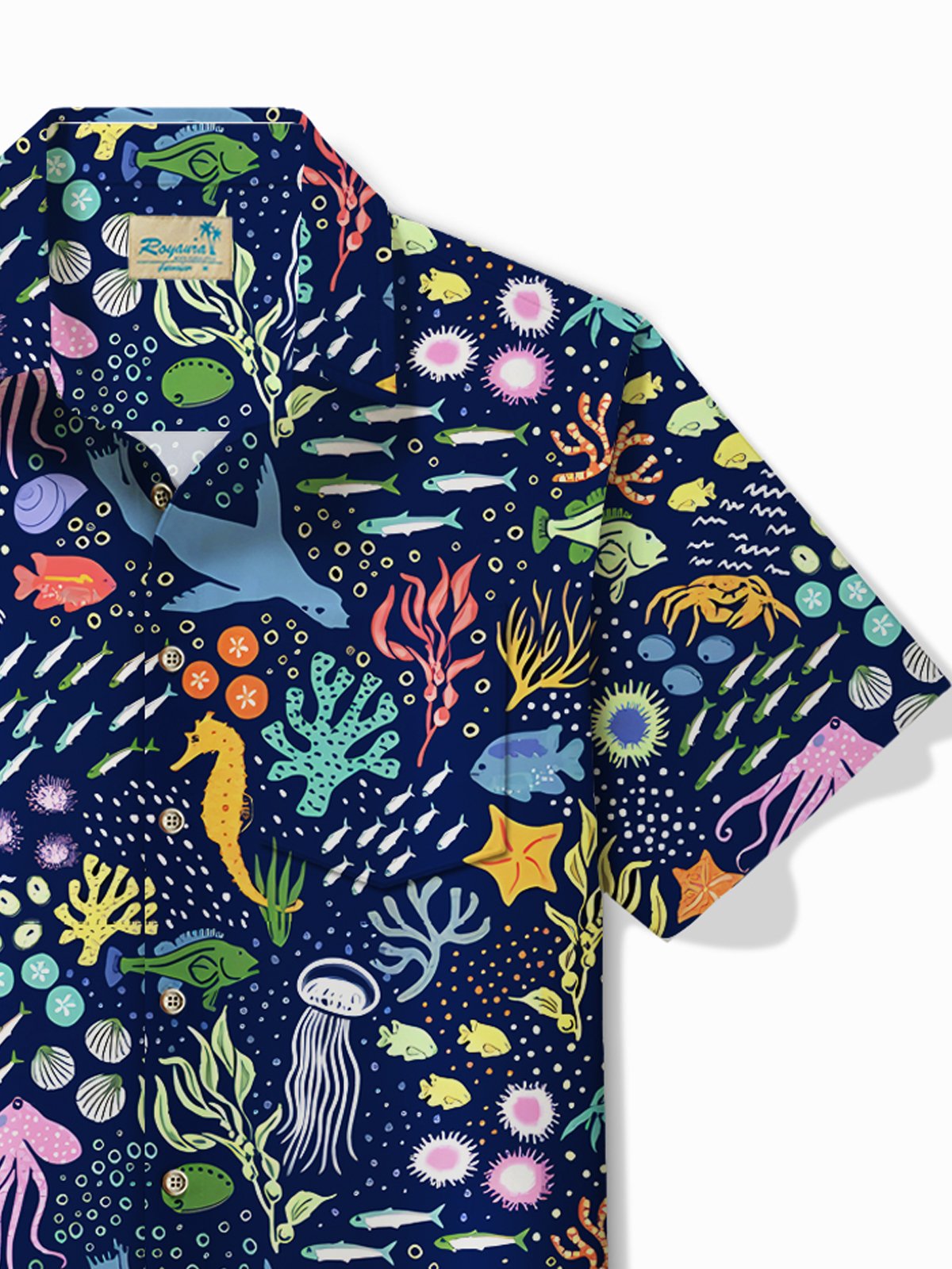 Royaura®Hawaiian Sea Life Print Men's Button Pocket Shirt