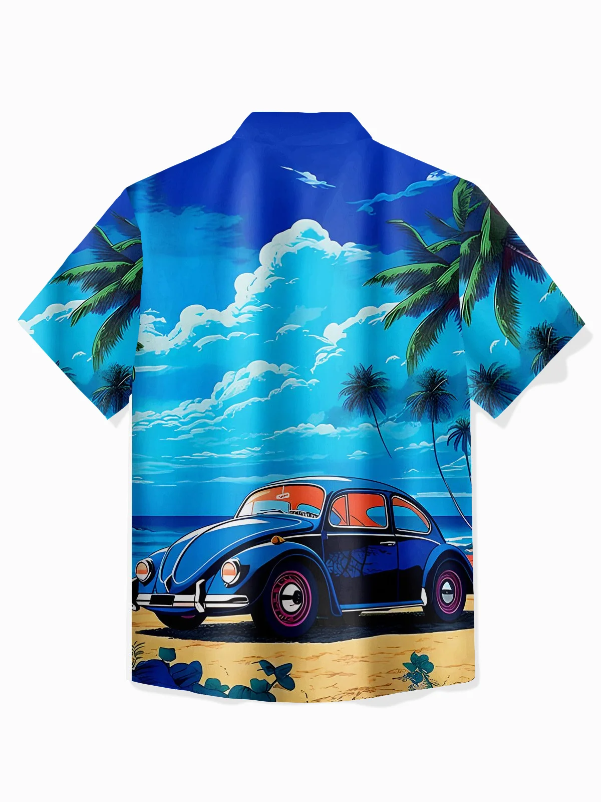 Royaura® Hawaiian Coconut Tree Car Print Men's Button Pocket Short Sleeve Lapel Hawaiian Shirt