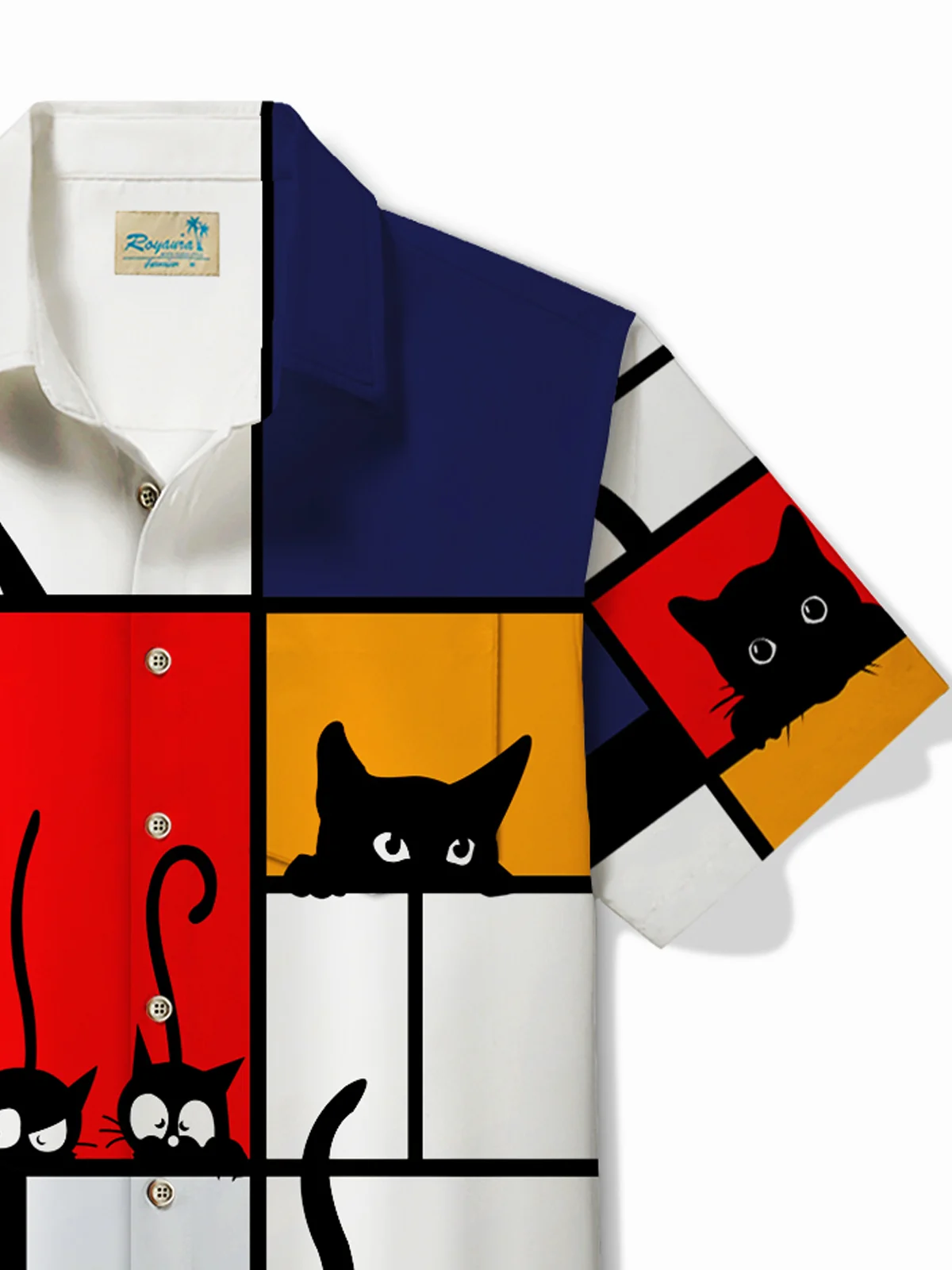 Royaura Fun Cartoon Cat Print Men's Button Pocket Short Sleeve Shirt
