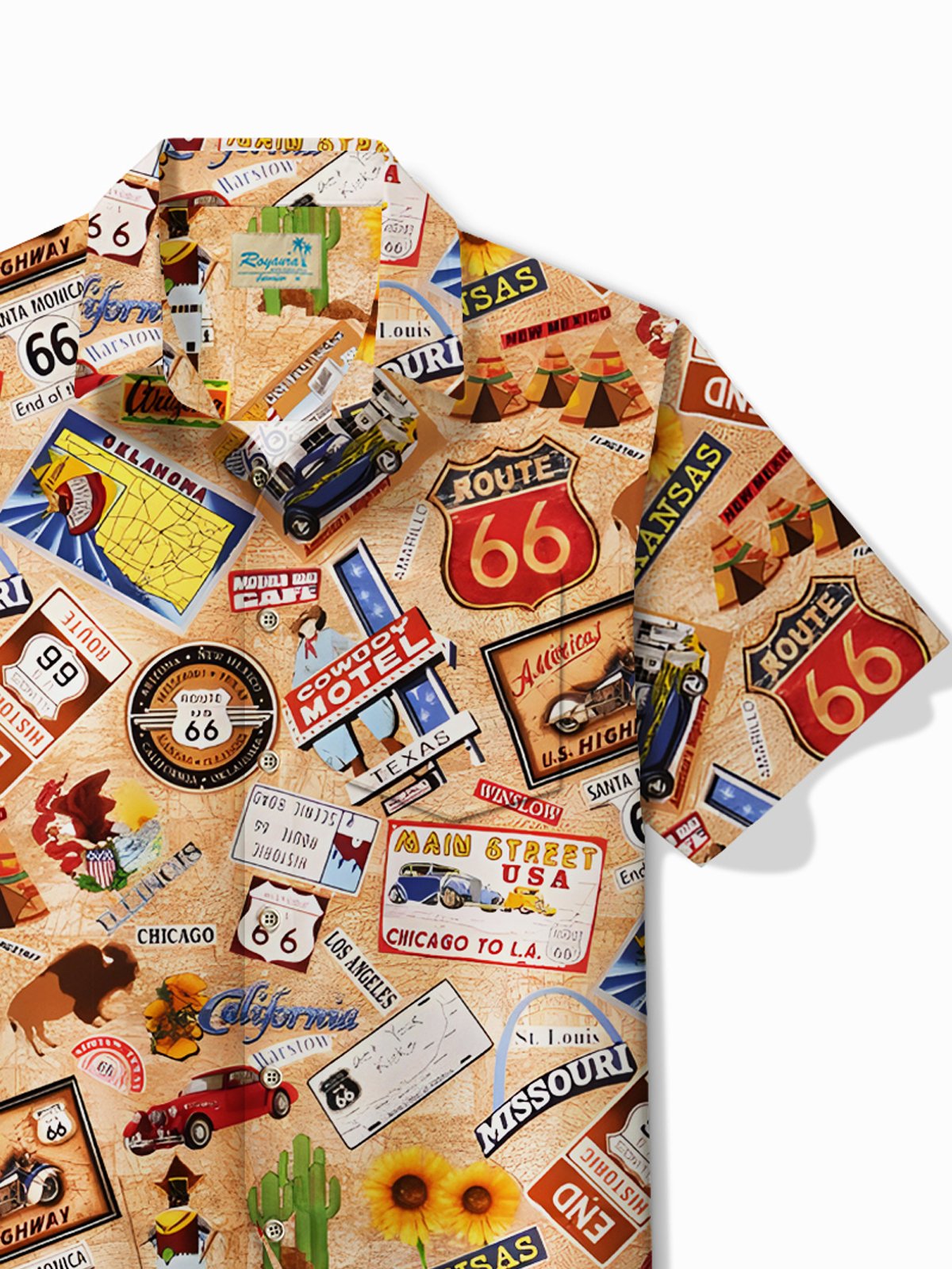 Royaura® Vintage Route 66 Western Denim Print Men's Button Pocket Short Sleeve Shirt