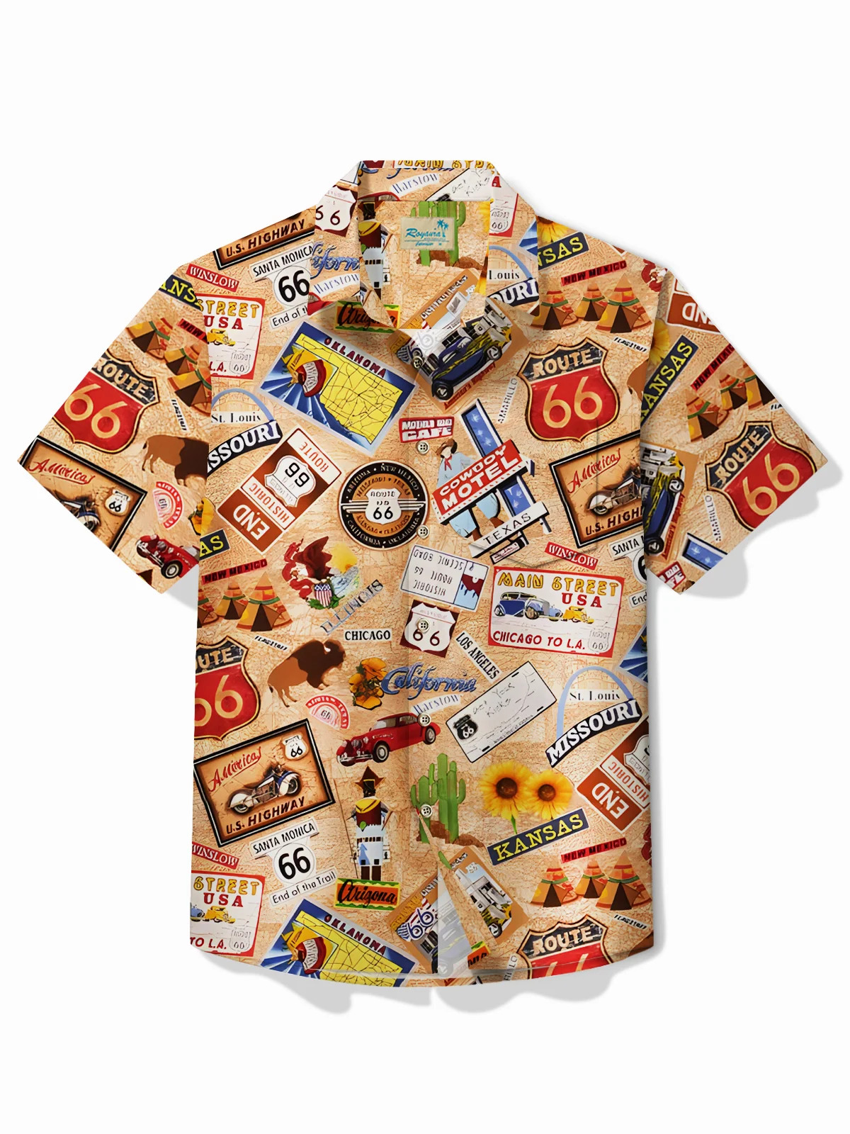 Royaura® Vintage Route 66 Western Denim Print Men's Button Pocket Short Sleeve Shirt