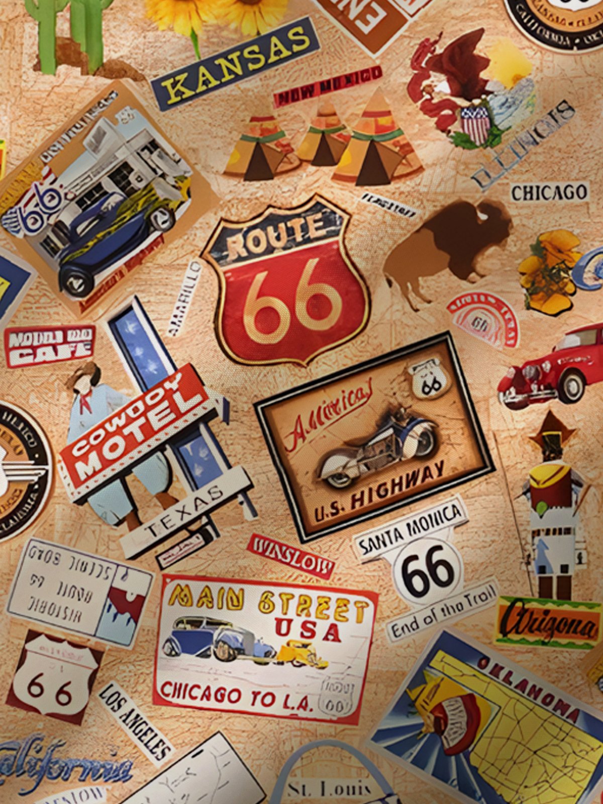 Royaura® Vintage Route 66 Western Denim Print Men's Button Pocket Short Sleeve Shirt