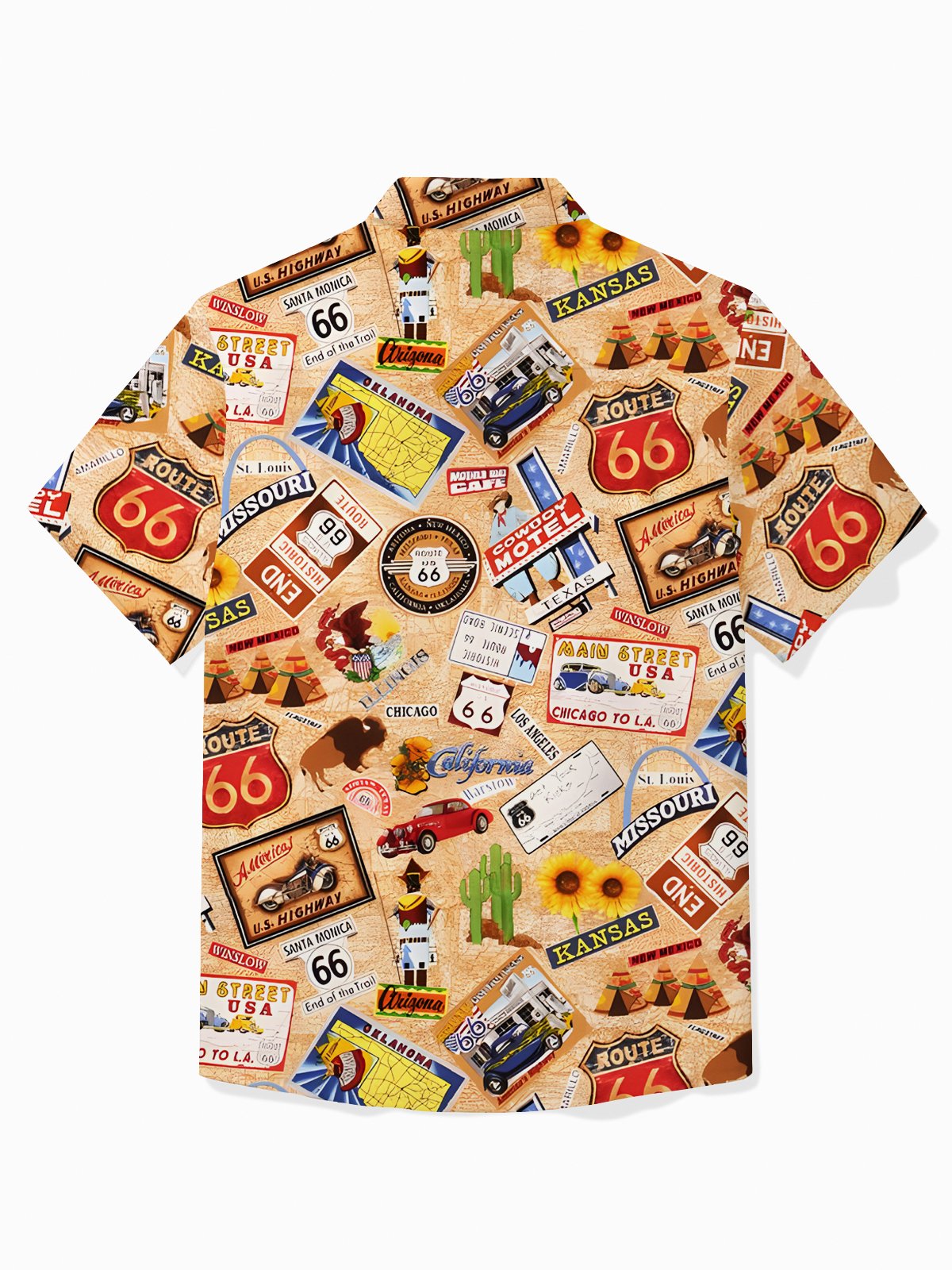 Royaura® Vintage Route 66 Western Denim Print Men's Button Pocket Short Sleeve Shirt