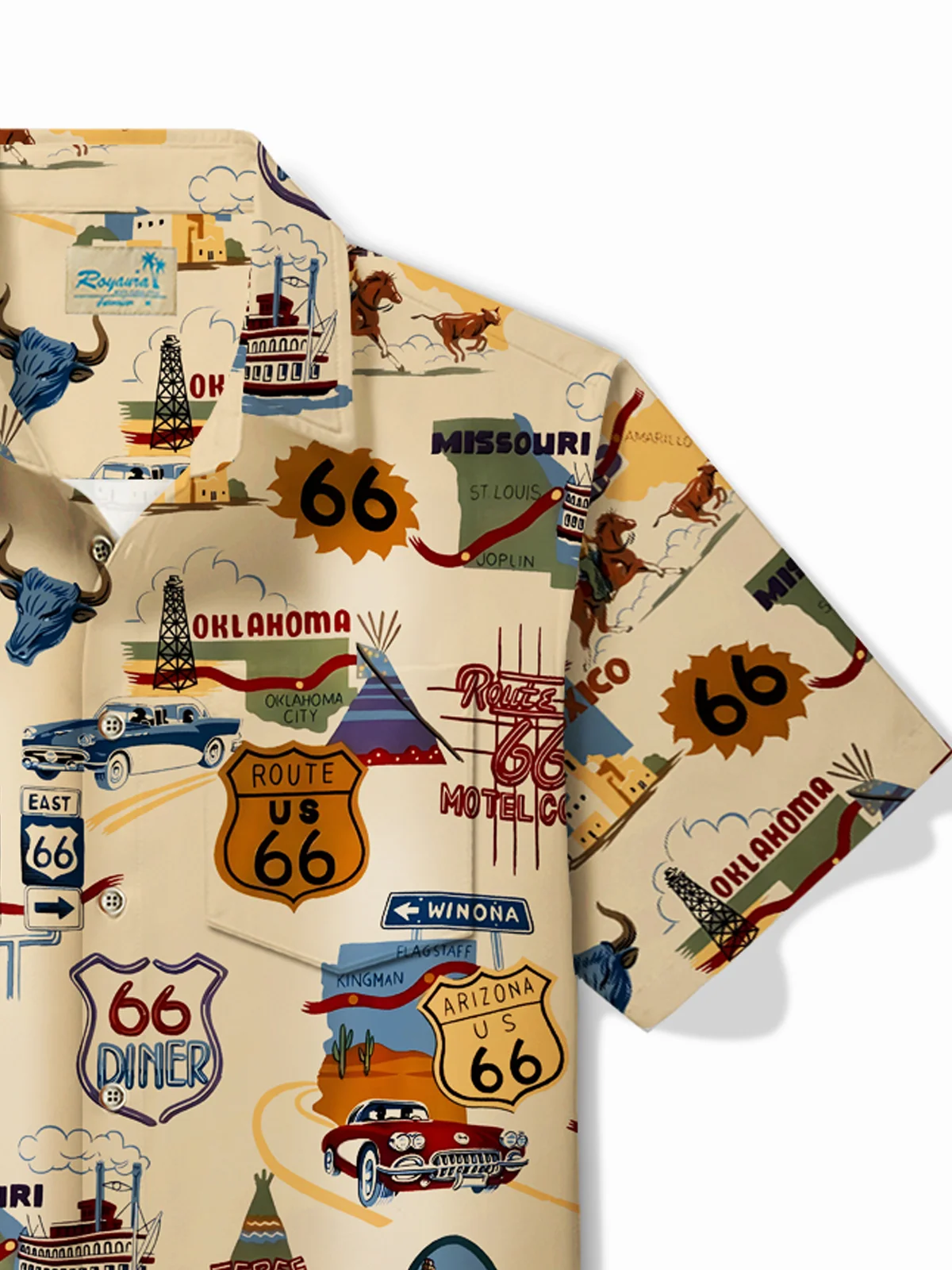 Royaura® Retro Automotive Route 66 Western Print Men's Button Pocket Short Sleeve Shirt