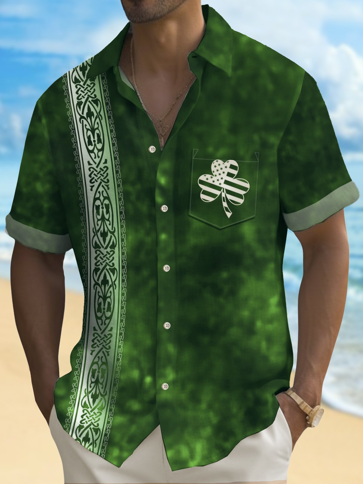 Royaura® Vintage Bowling St. Patrick's Day Green Shamrock Hawaiian Shirt Plus Size Resort Shirt