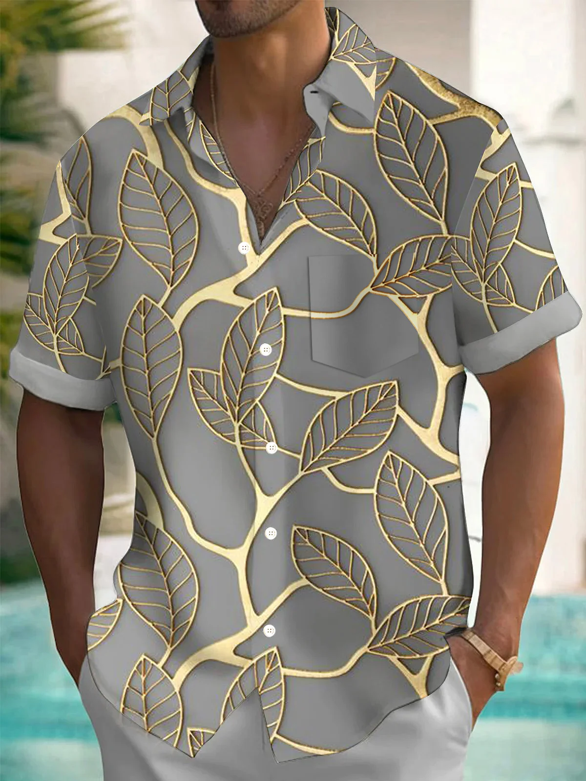 Royaura® Vintage Botanical Gold Leaf Print Men's Button Pocket Short Sleeve Hawaiian Shirt