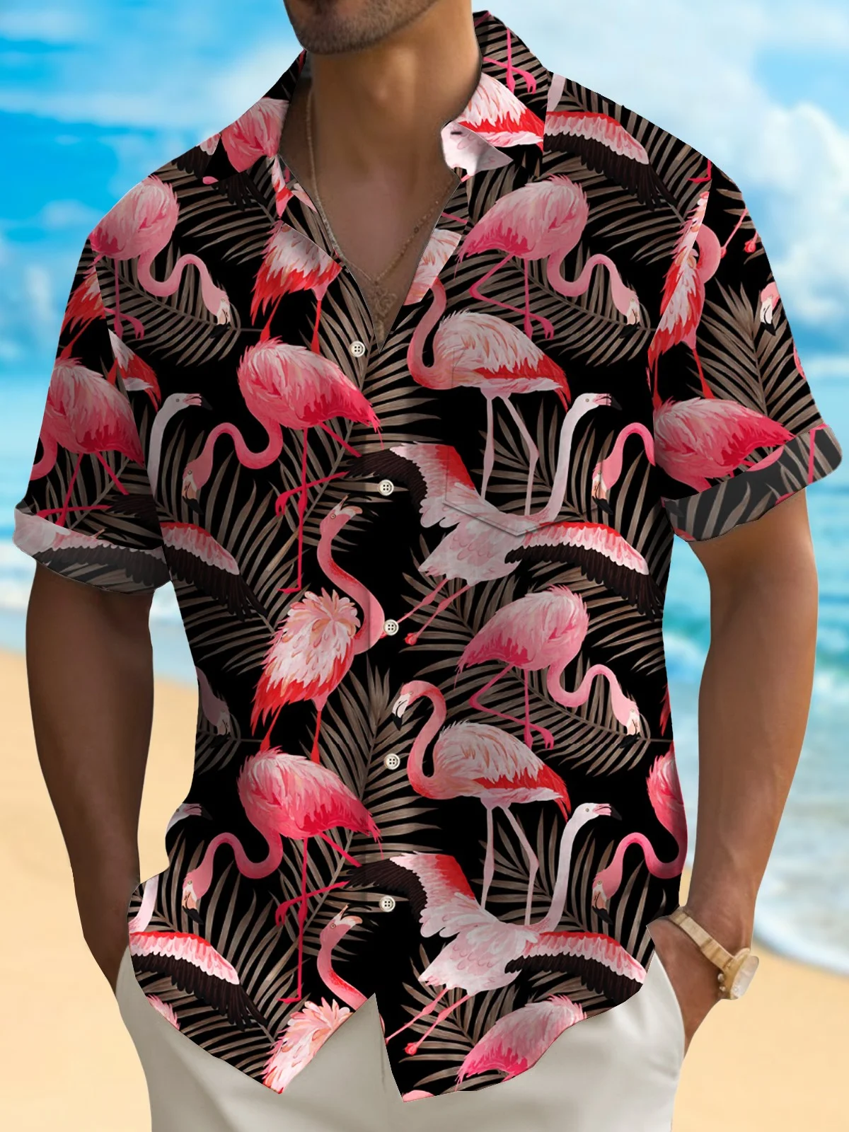Royaura® Hawaiian Shirt Flamingo Print Men's Button Pocket Shirt